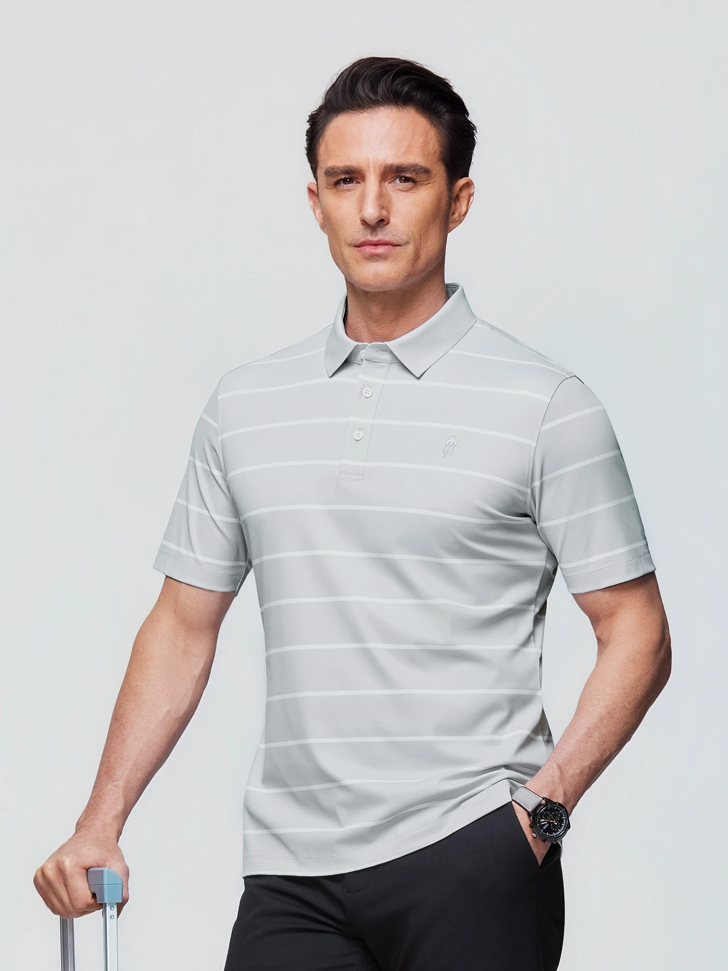 Closer look at the striped Polo collar, buttons and chest detailing