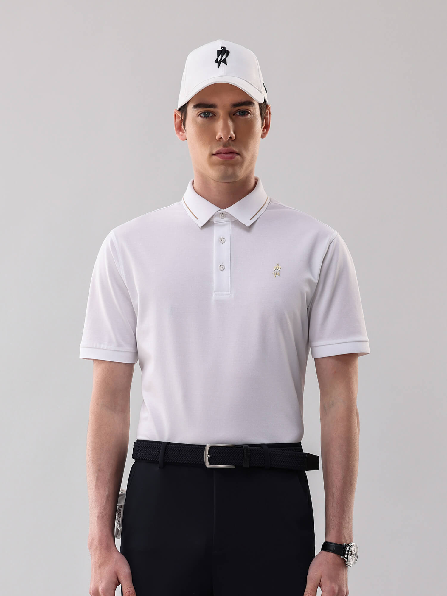 Ivory White High-Stretch Gold-Trimmed Collar ‌Polo