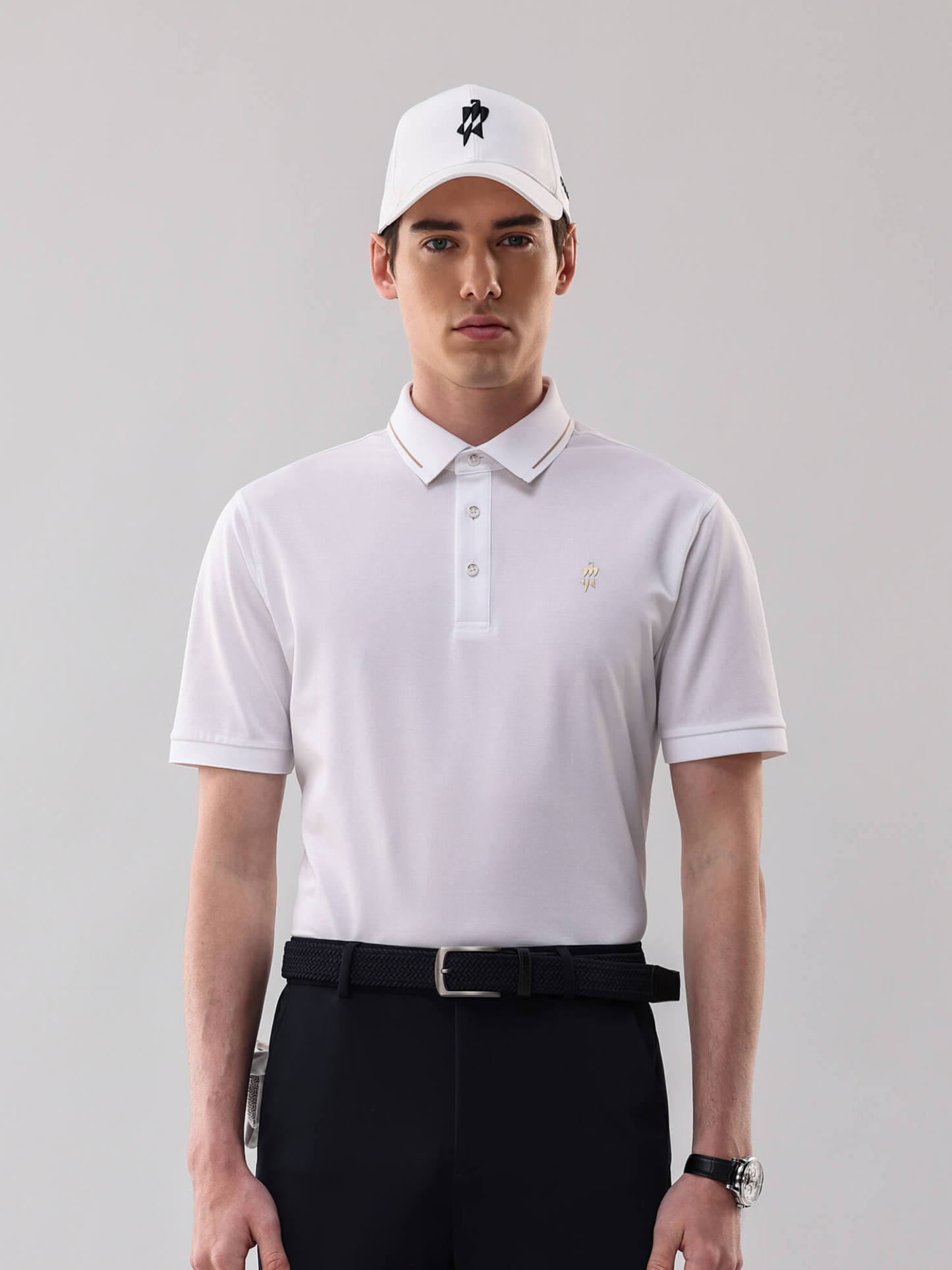 Ivory White High-Stretch Gold-Trimmed Collar Polo