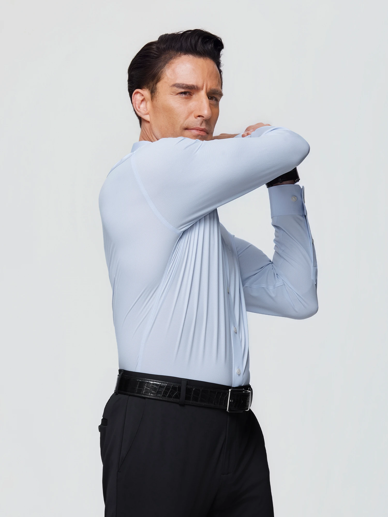 Light Blue Plaid Stretch Shirt
