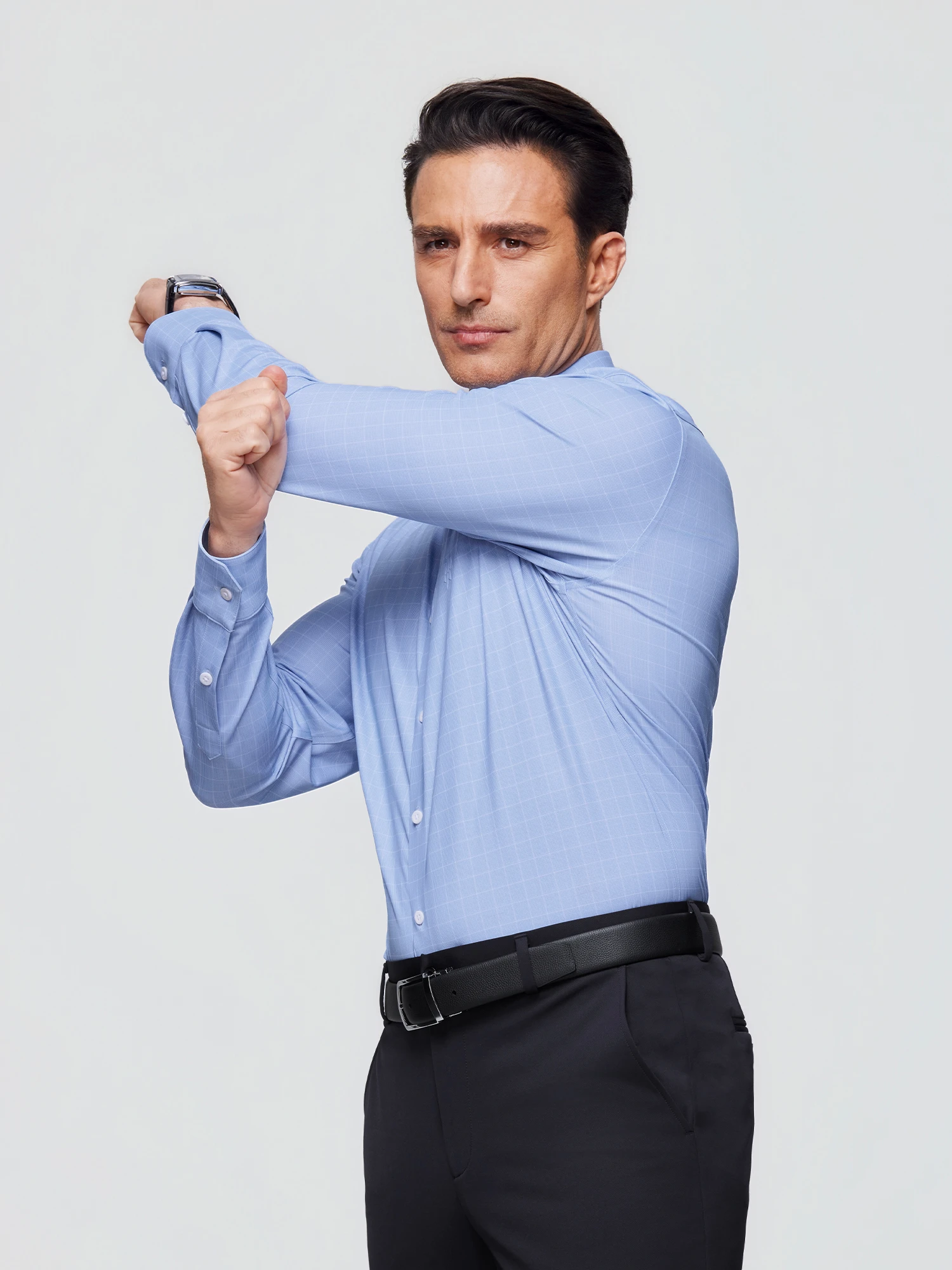 Light Blue Plaid Stretch Shirt
