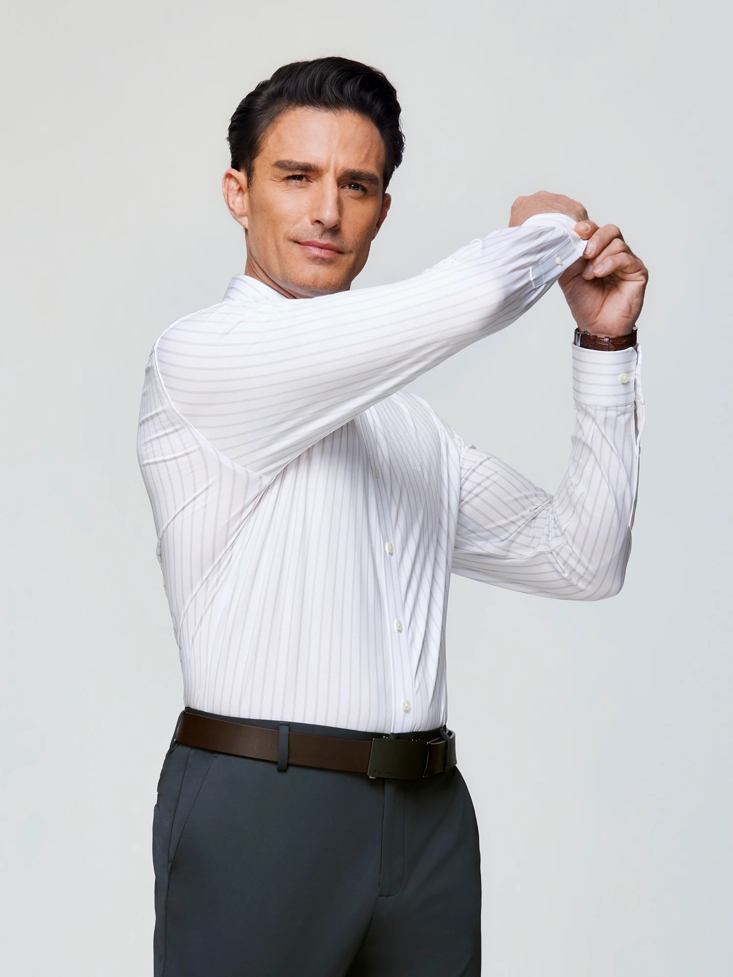 White Oak Ring Mocha Stripe Stretch Shirt