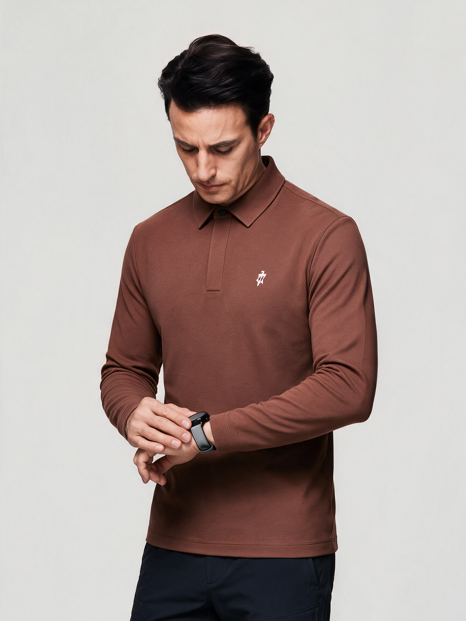 Oak Brown Long-Sleeve Stretch Polo