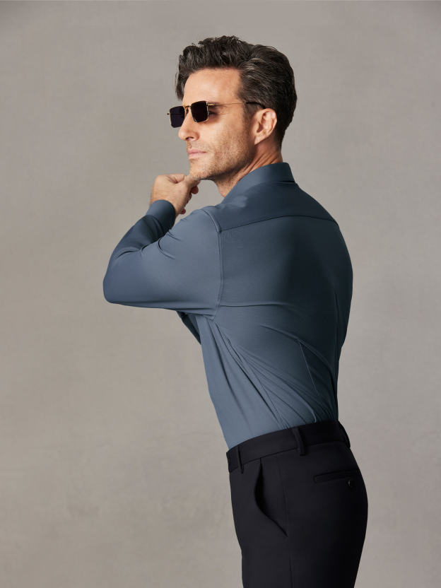 Deep Sea Blue Wool Check High-Stretch Shirt-Own Dream Shirts-Dress Shirts for Men