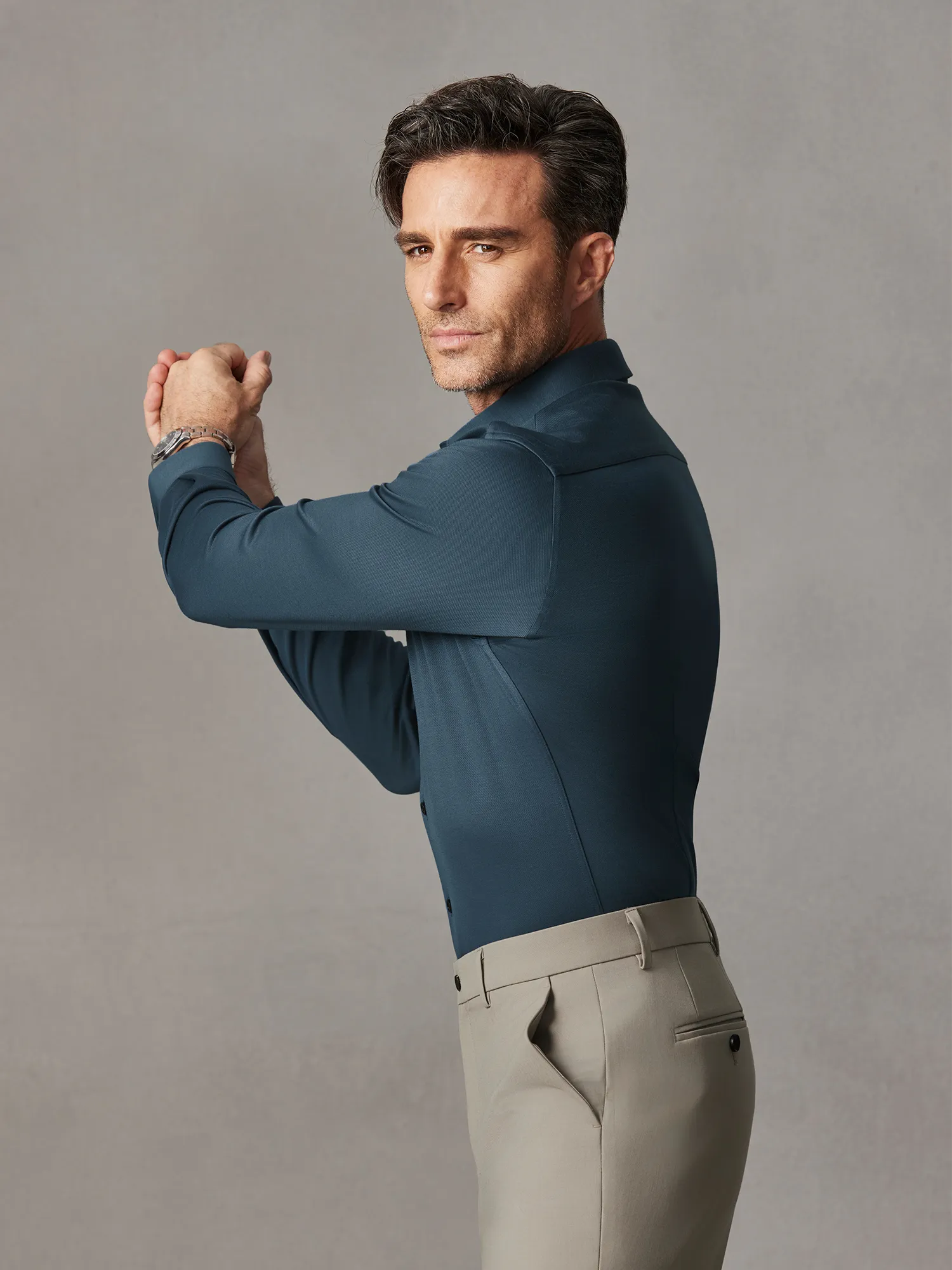 Deep Ocean Blue Wool-Silk Stretch Shirt