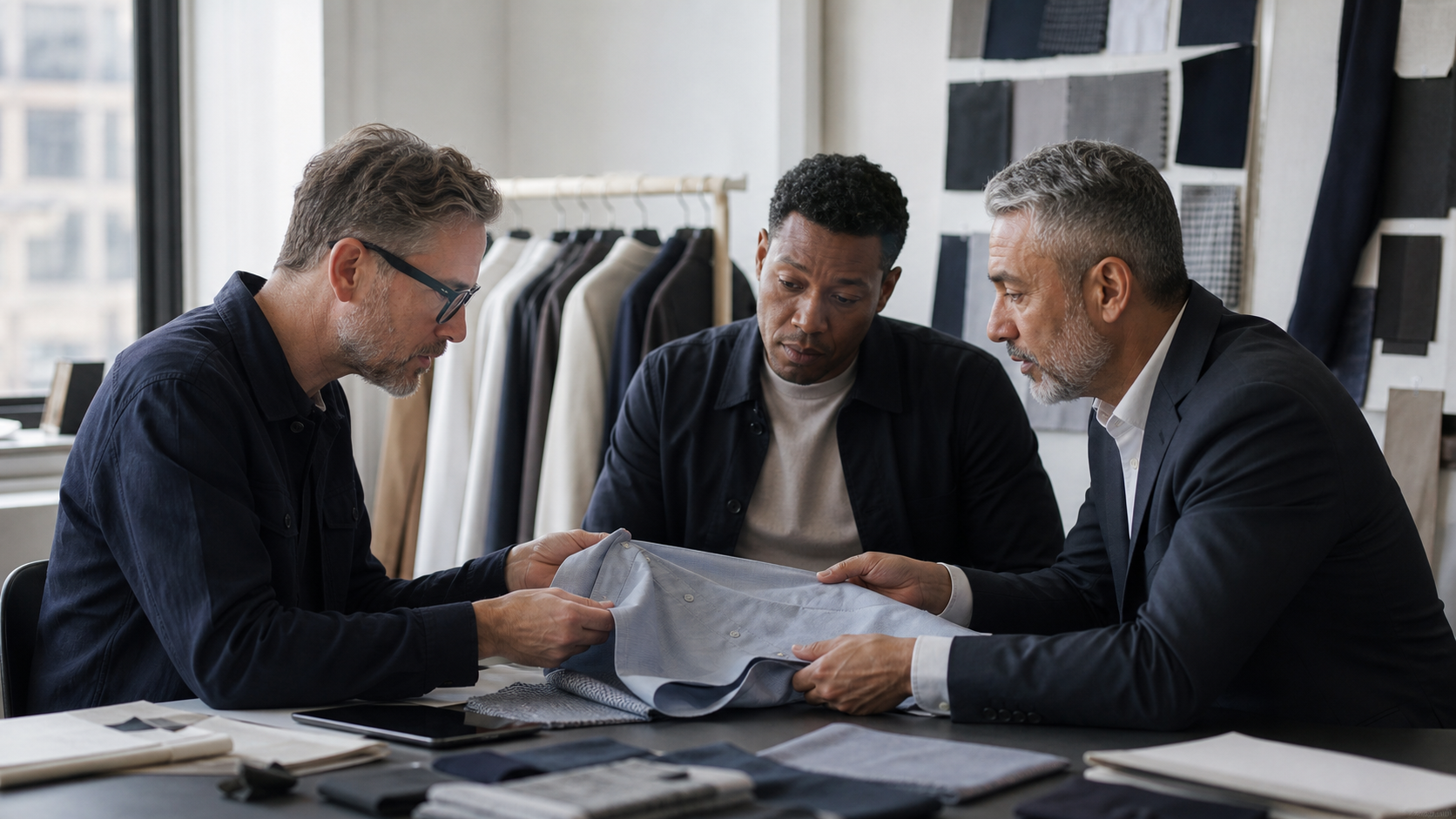 OWN DREAM team reviewing a performance shirt sample