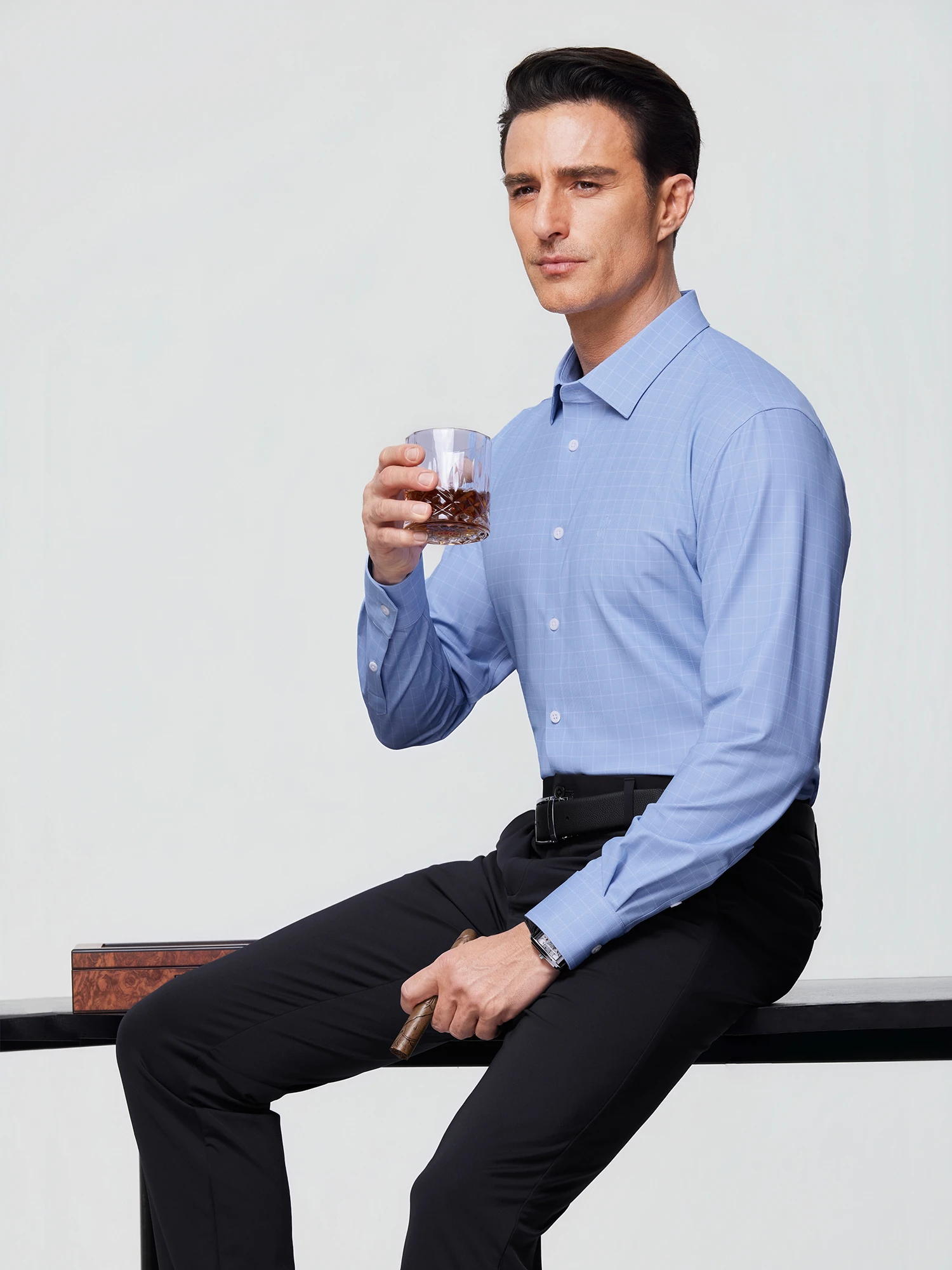 Light Blue Plaid Stretch Shirt