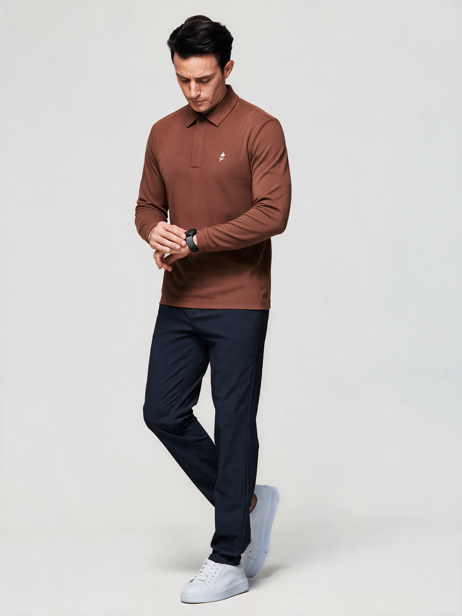 Oak Brown Long-Sleeve Stretch Polo