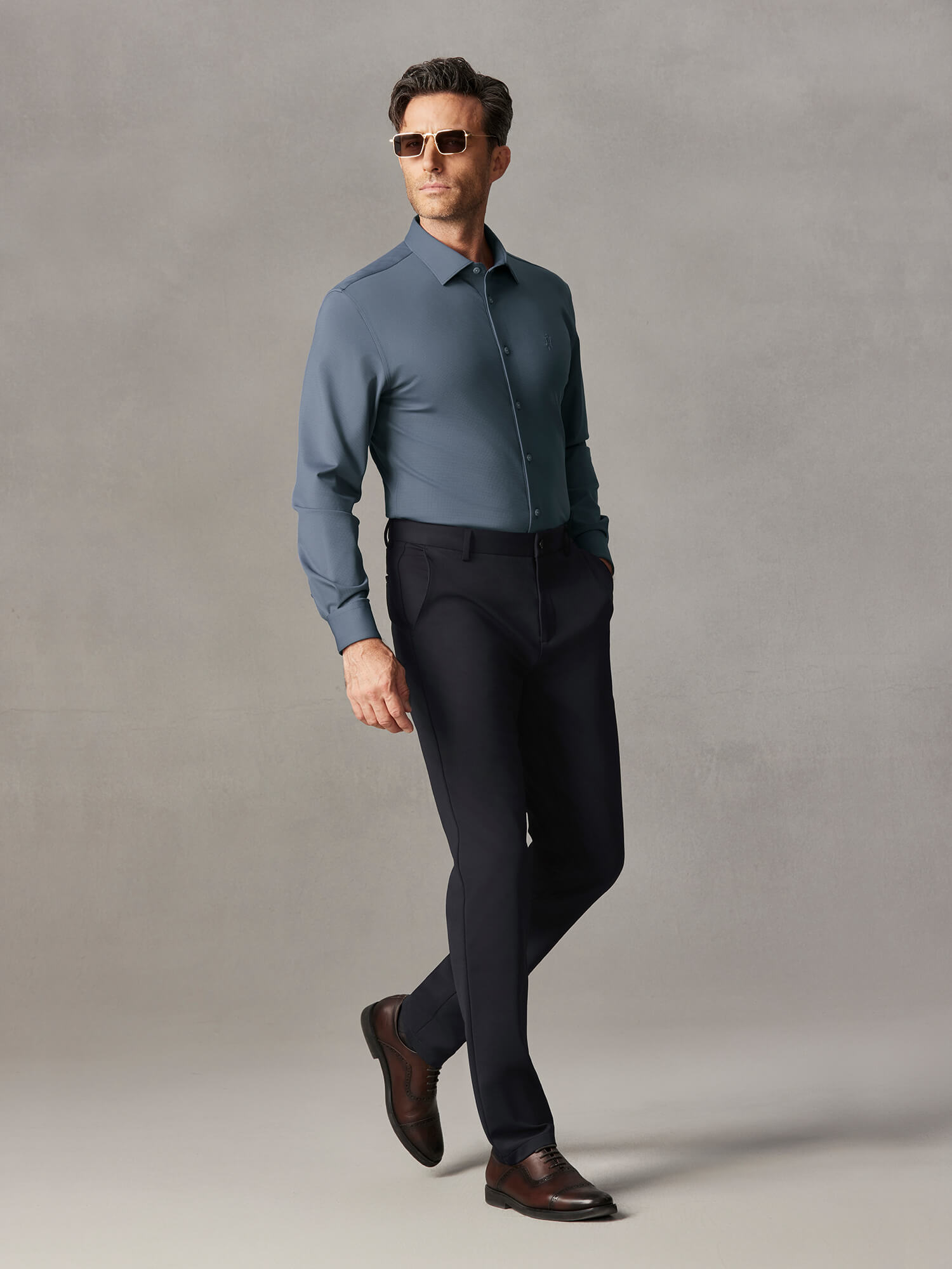 Deep Sea Blue Wool Check High-Stretch Shirt-Own Dream Shirts-Dress Shirts for Men