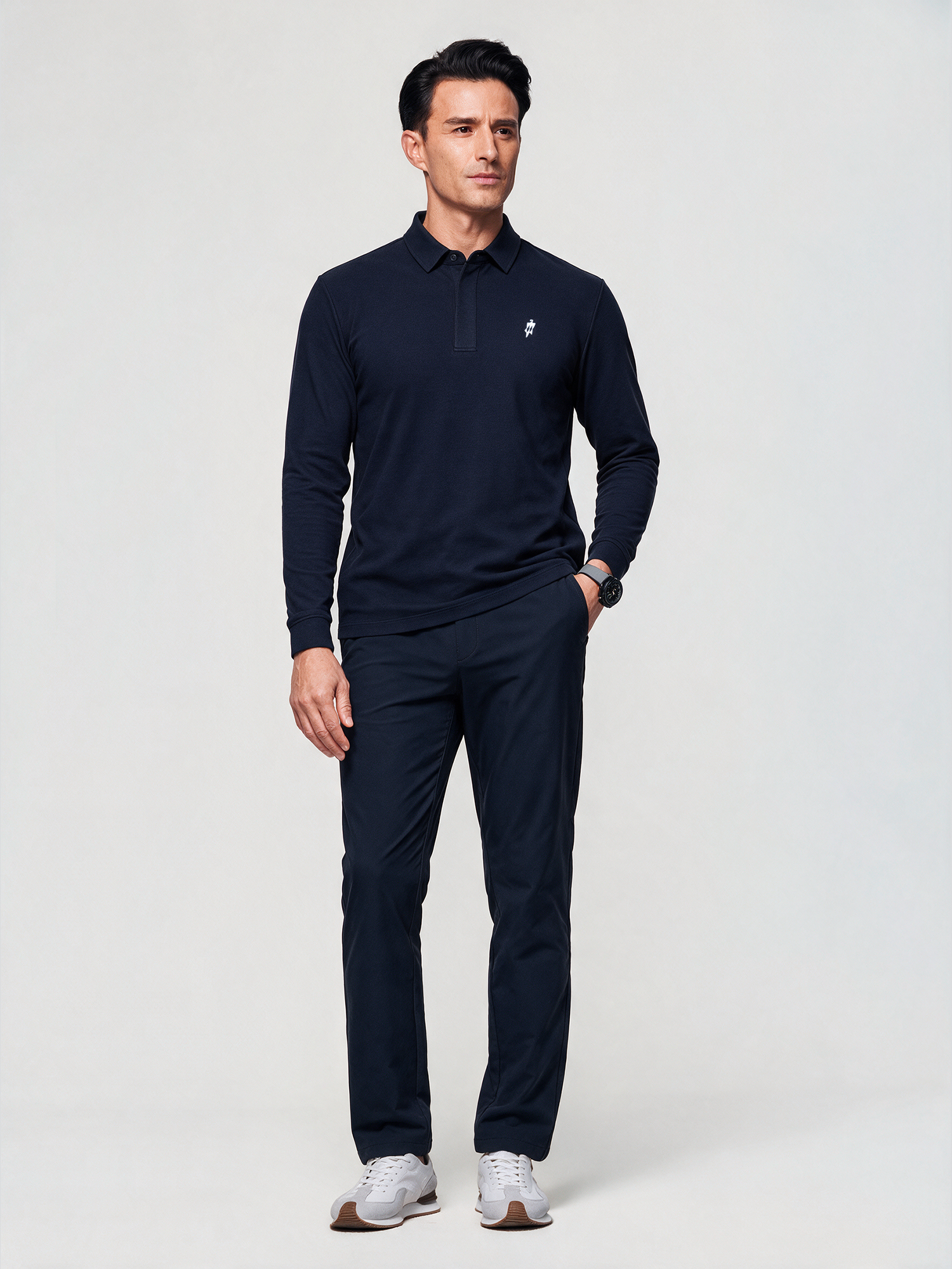 Deep Navy Long-Sleeve Stretch Polo