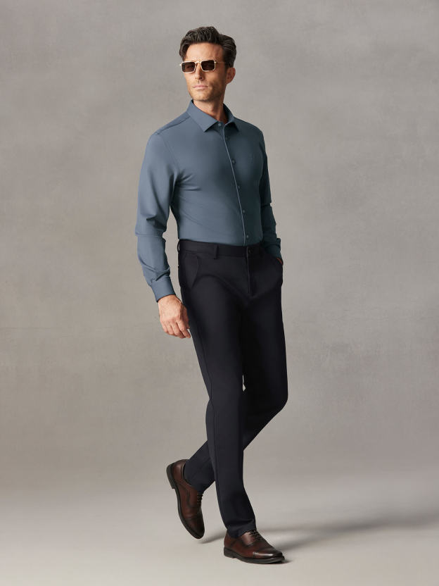 Deep Sea Blue Wool Check High-Stretch Shirt-Own Dream Shirts-Dress Shirts for Men