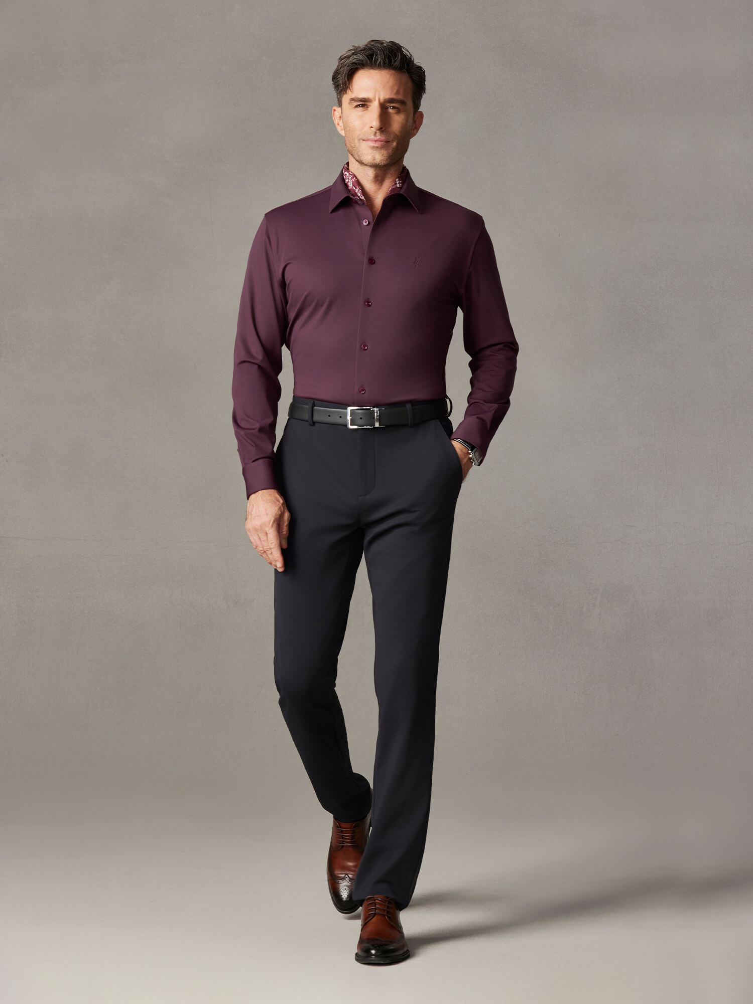 Burgundy Wool Check High-Stretch Shirt-Own Dream Shirts-Dress Shirts for Men