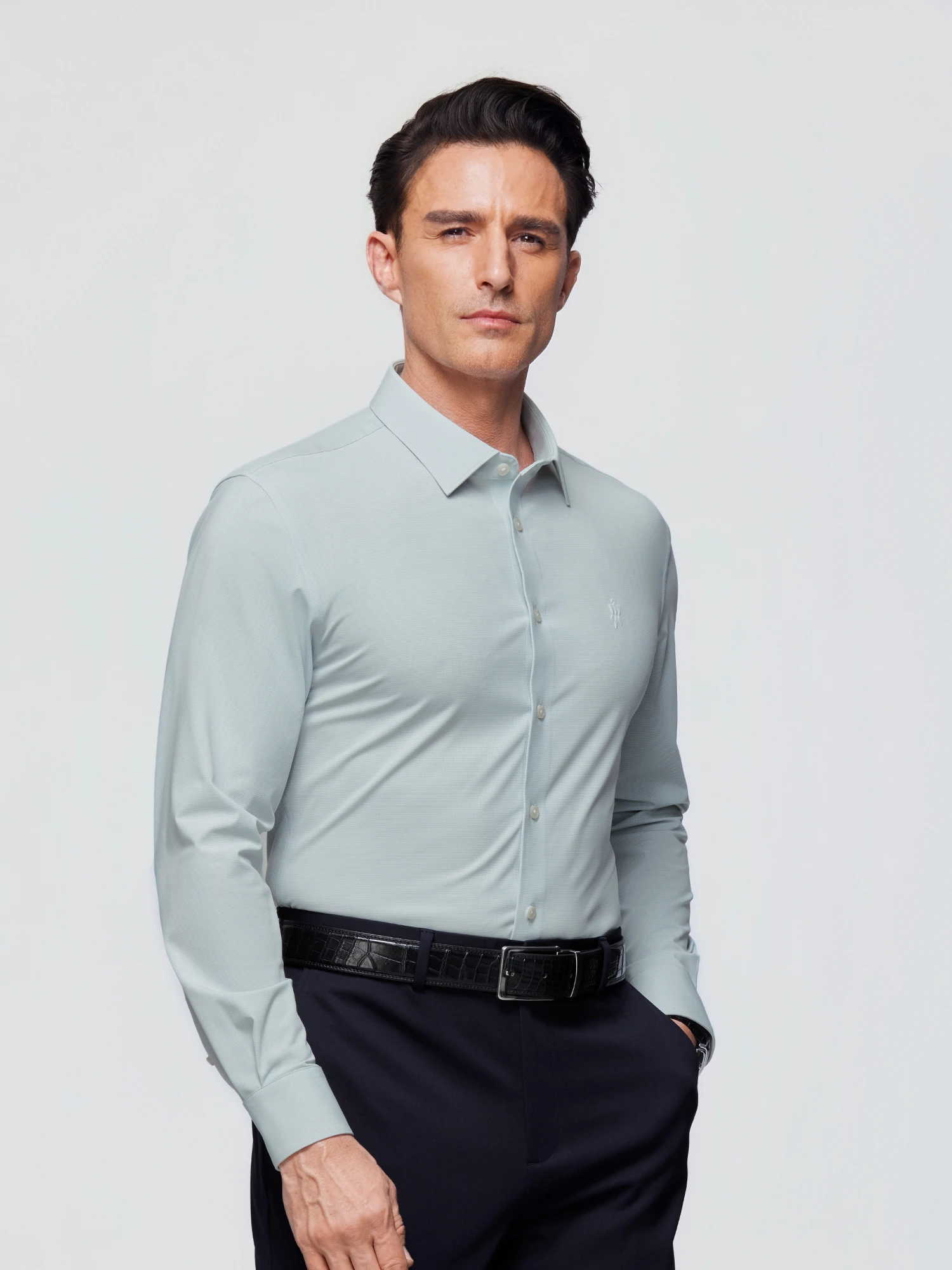 Jade Green Plaid Stretch Shirt