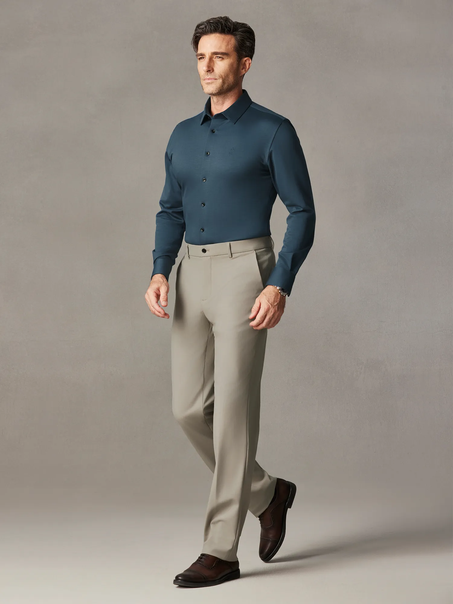 Deep Ocean Blue Wool-Silk Stretch Shirt