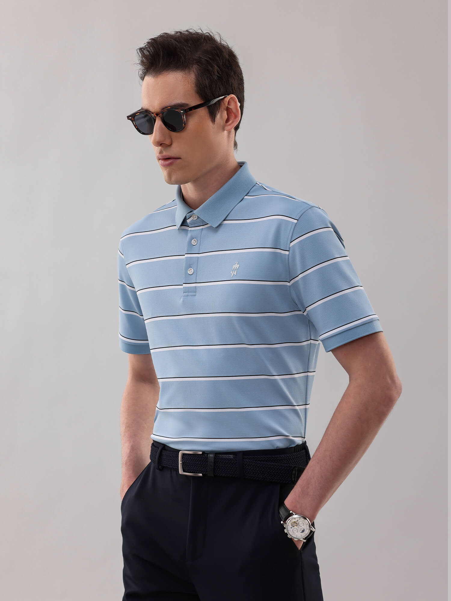 Sky Blue Striped High-Stretch Polo-Own Dream Shirts-Dress Shirts for Men