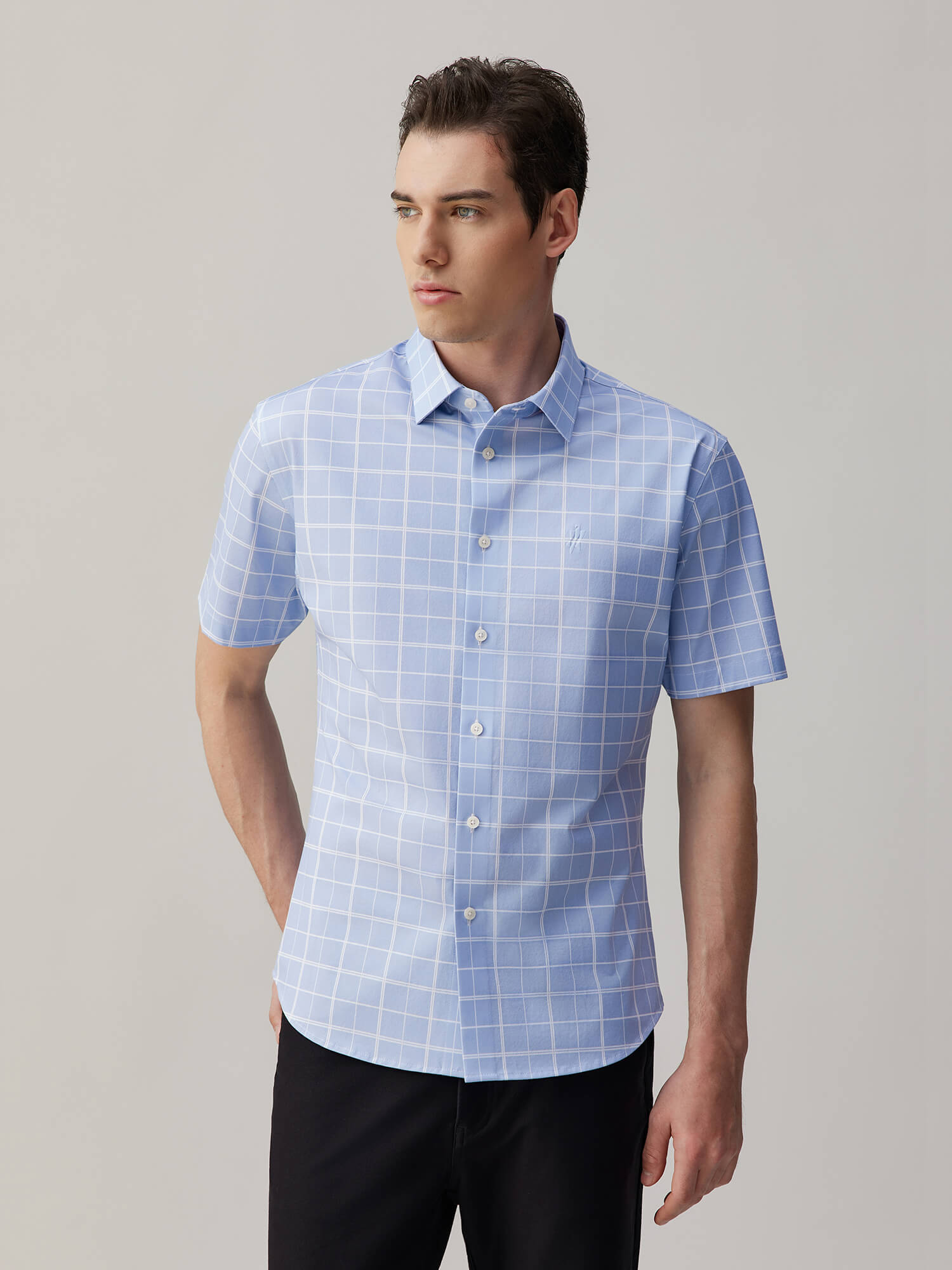 Opal Blue Omni-Stretch Check Short-Sleeve Shirt