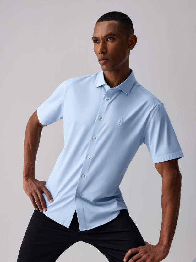 Jade Blue Silk High-Stretch Short-Sleeve Shirt