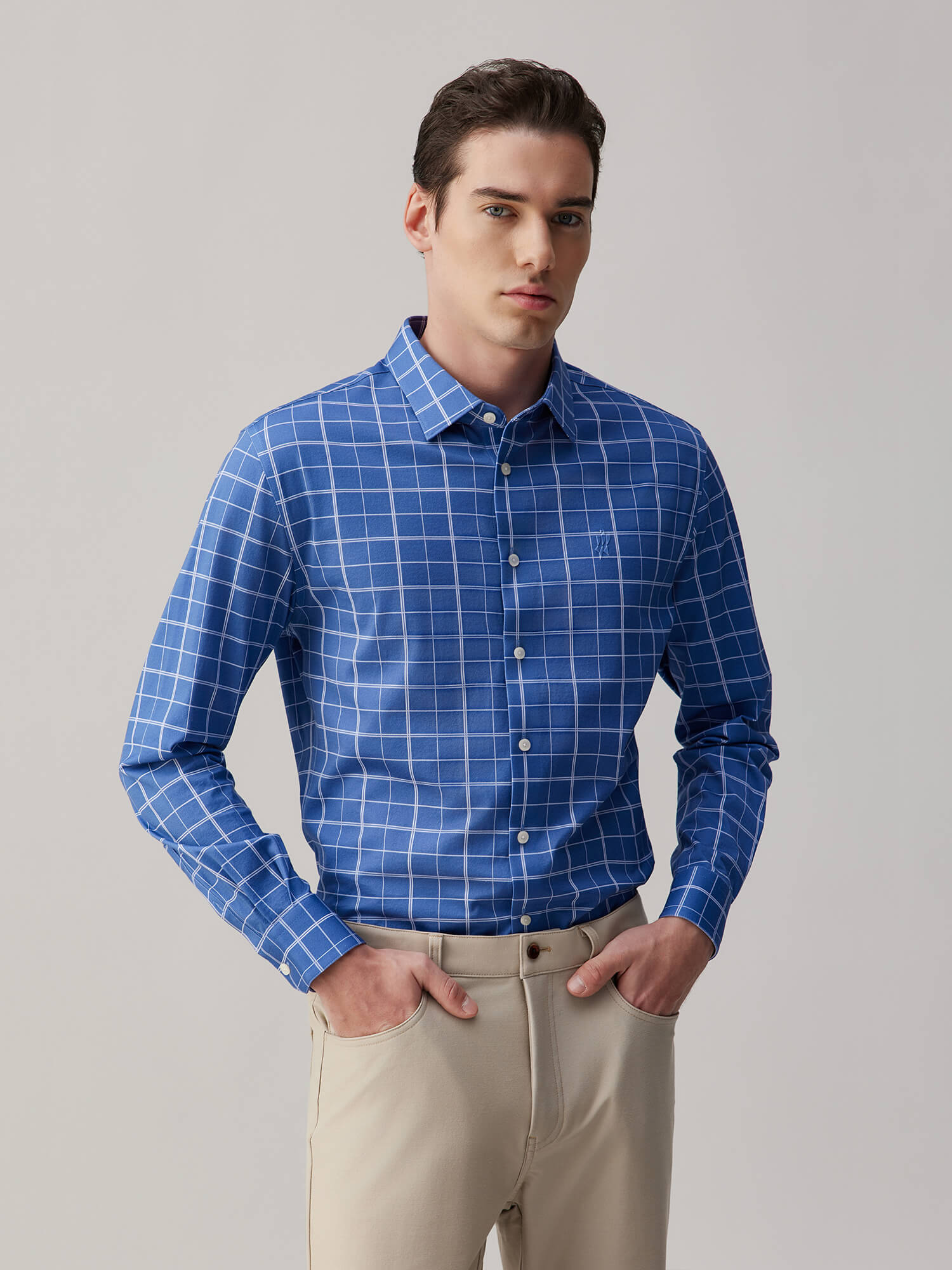 Cobalt Blue Omni-Stretch Check Dress Shirt