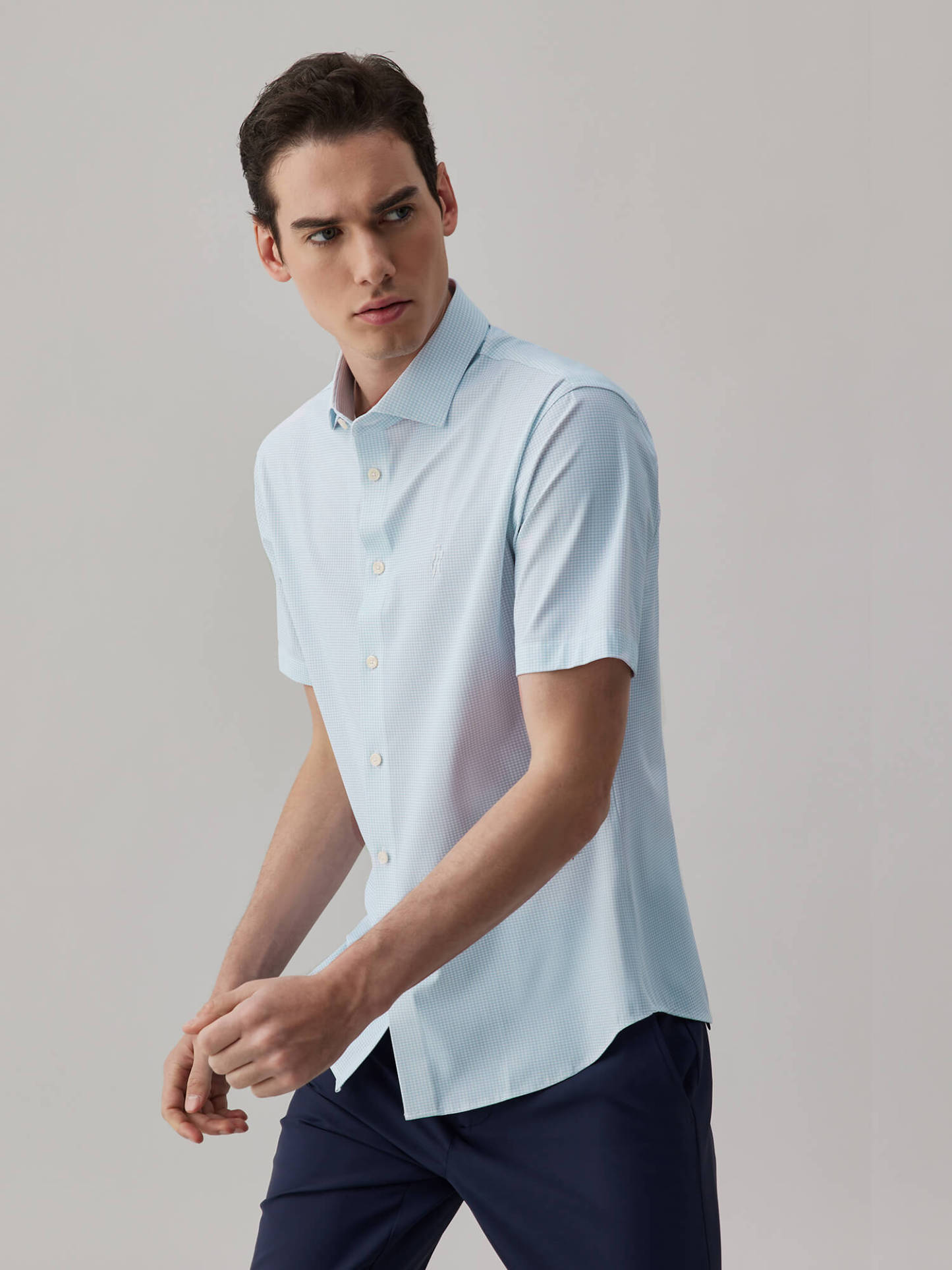 Glacier Gray Blue Check High-Stretch Short-Sleeve Shirt-OWN DREAM