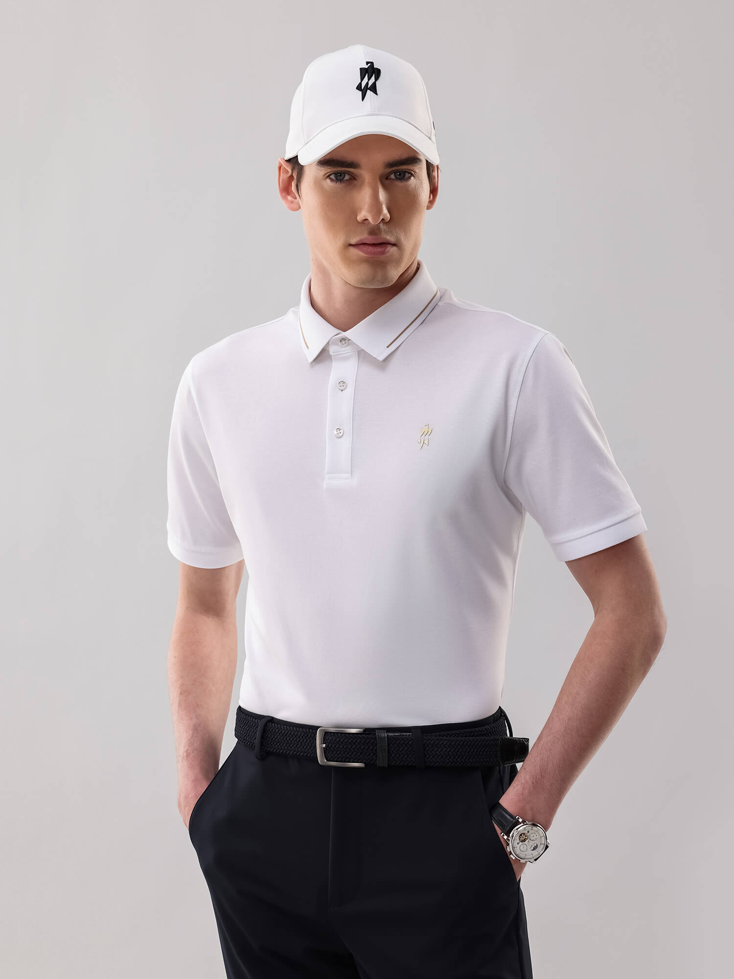 Ivory White High-Stretch Gold-Trimmed Collar Polo