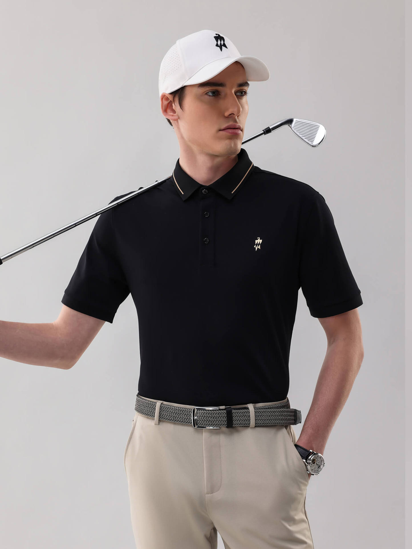 Meteorite Black High-Stretch Gold-Trimmed Collar Polo