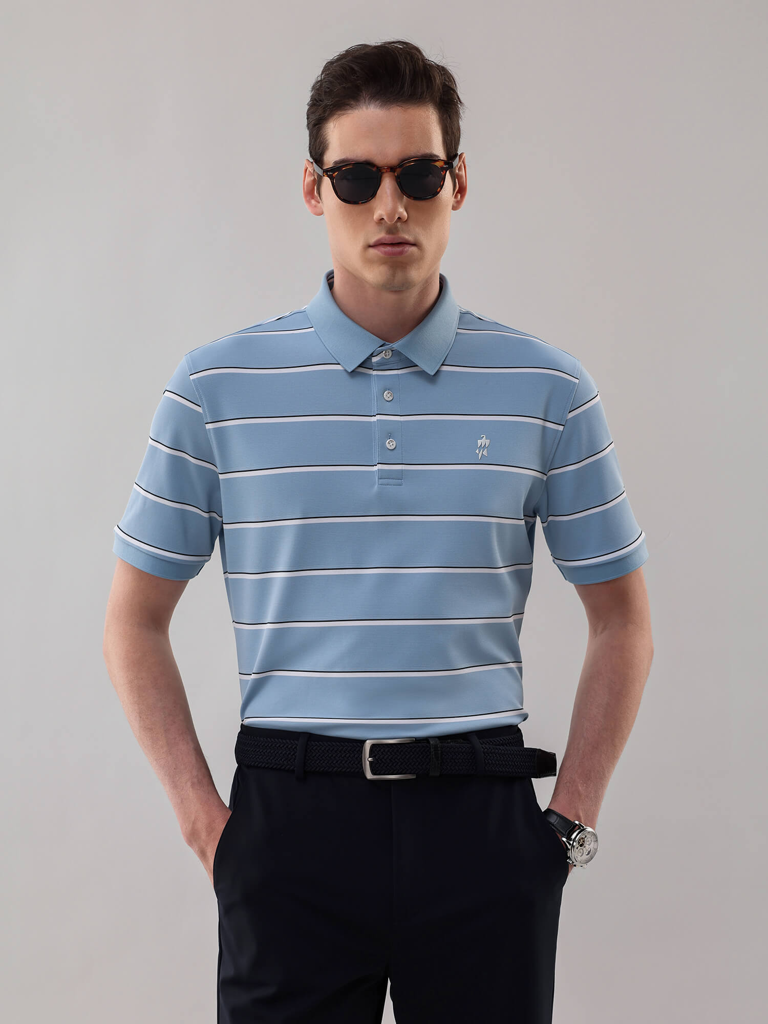 Sky Blue Striped High-Stretch Polo