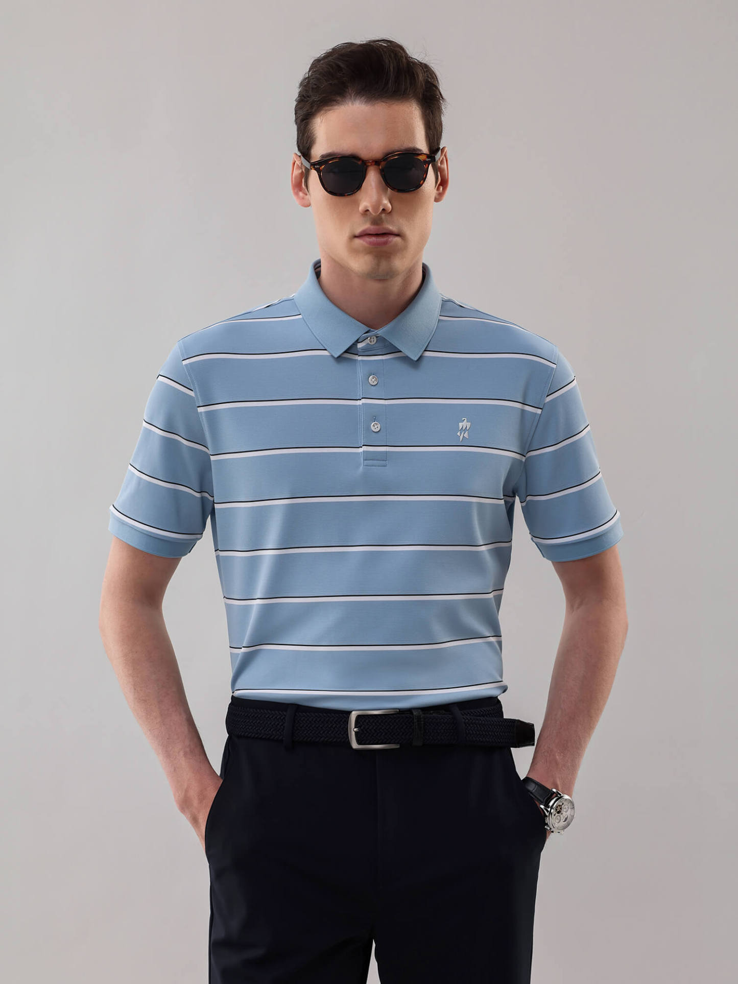 Sky Blue Striped High-Stretch Polo