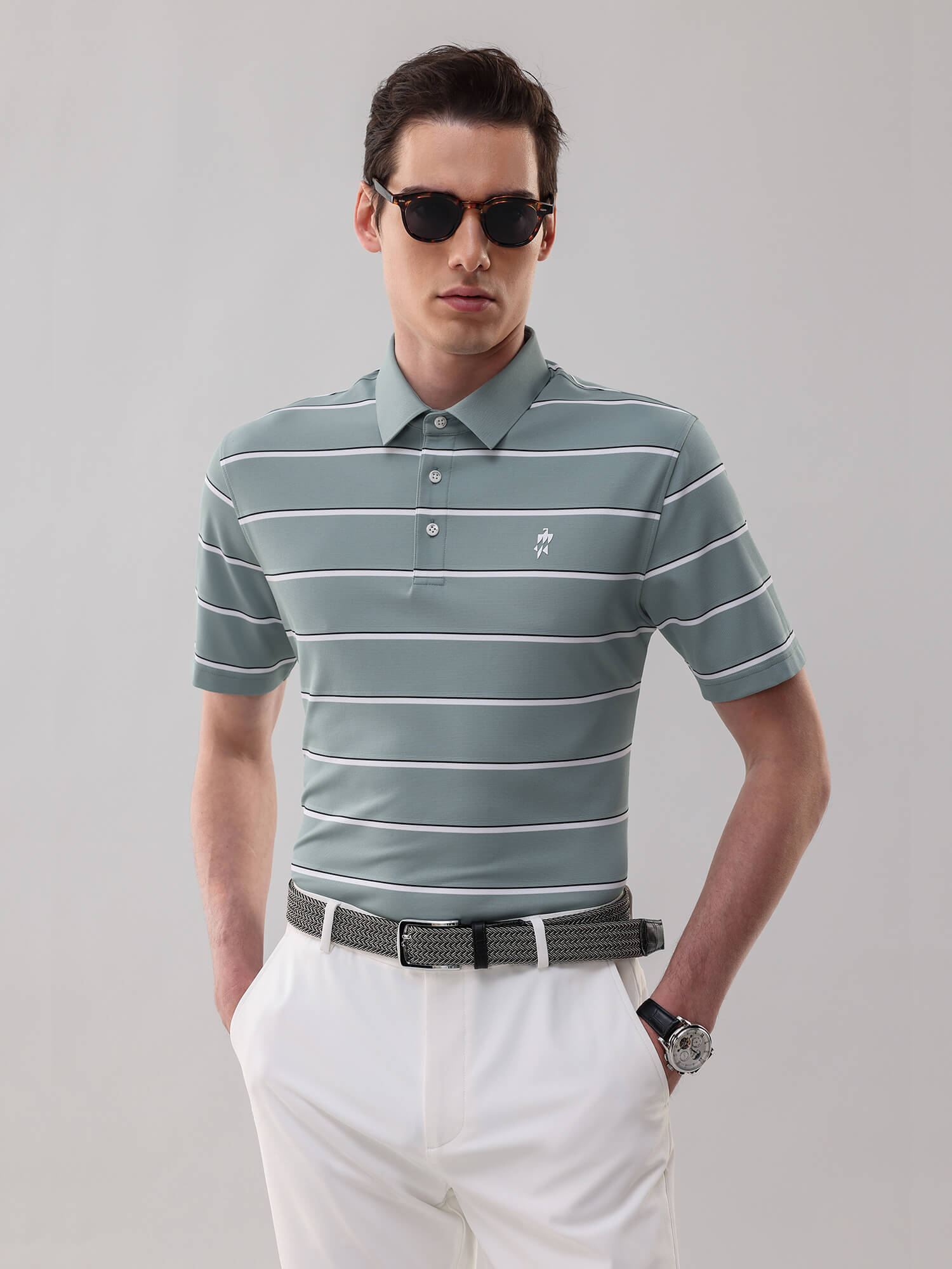 Meadow Green Striped High-Stretch Polo-Own Dream Shirts-Dress Shirts for Men