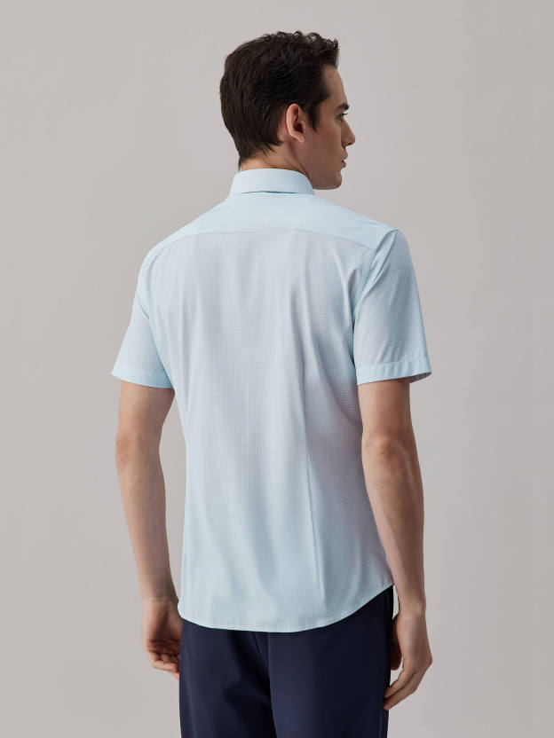 Glacier Gray Blue Check High-Stretch Short-Sleeve Shirt-OWN DREAM