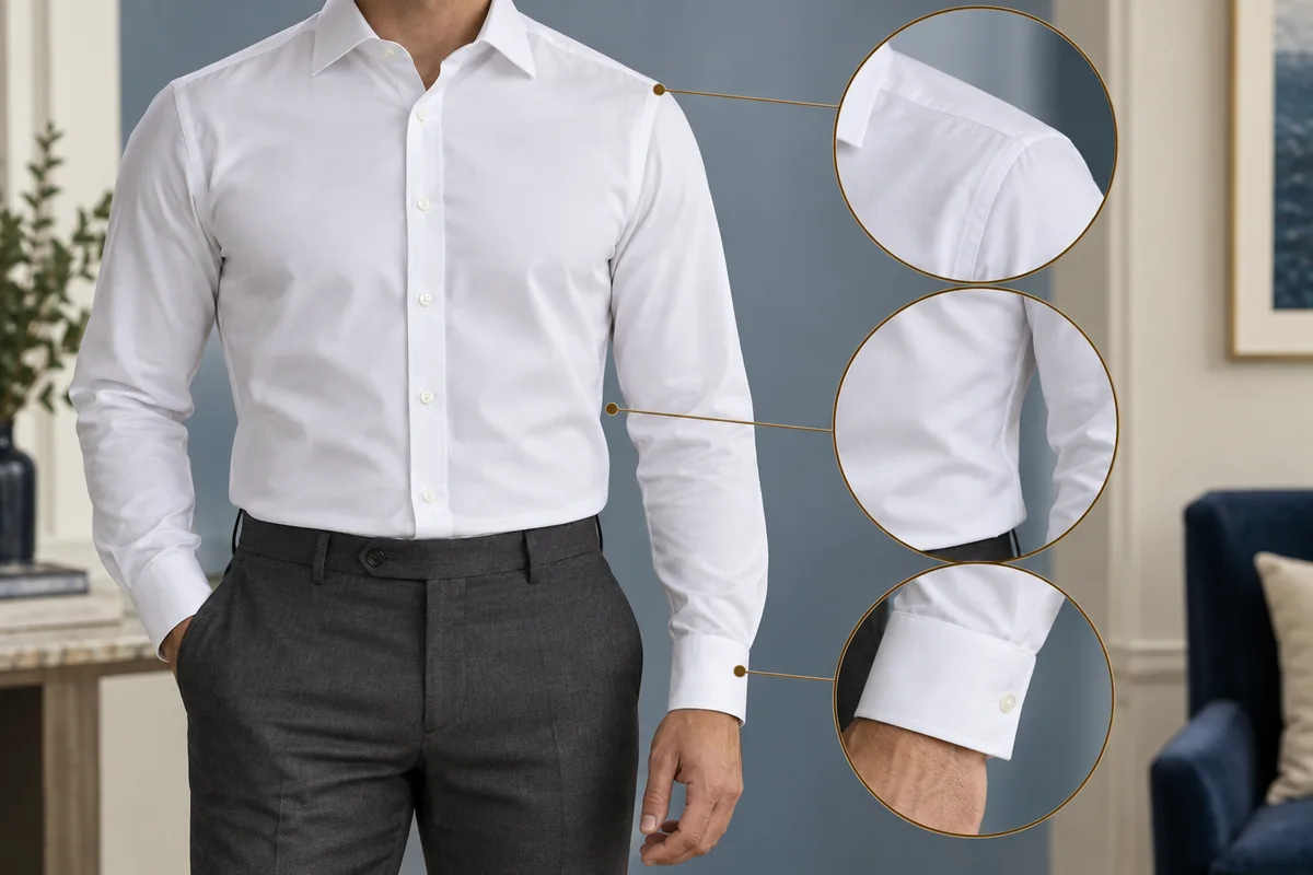Men’s white dress shirt worn by an adult male model, face cropped out, with enlarged shoulder, waist and cuff fit details