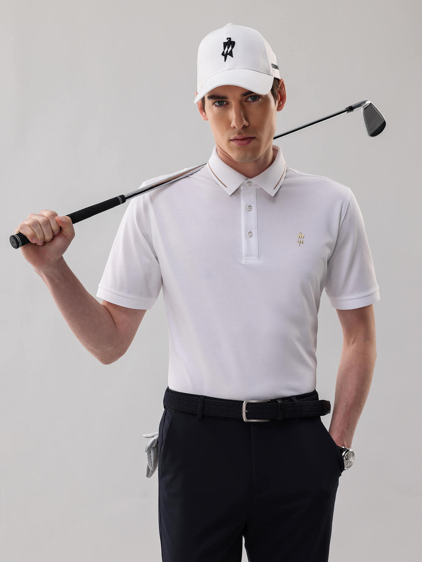 Ivory White High-Stretch Gold-Trimmed Collar Polo