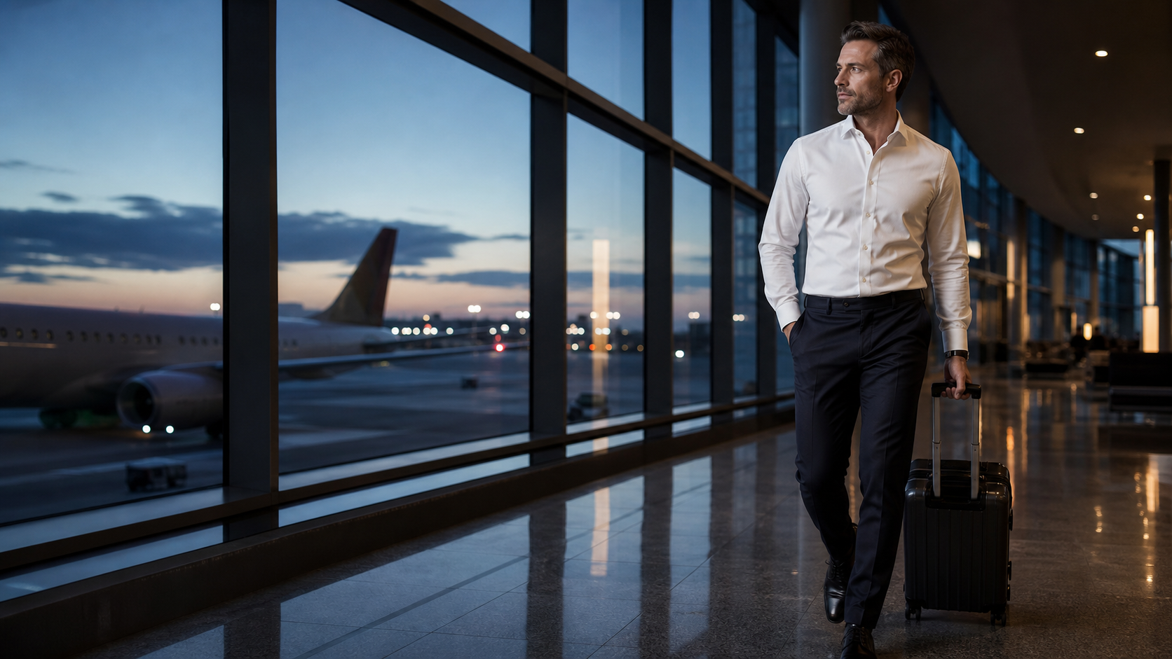 Entrepreneur traveling before sunrise in a performance dress shirt