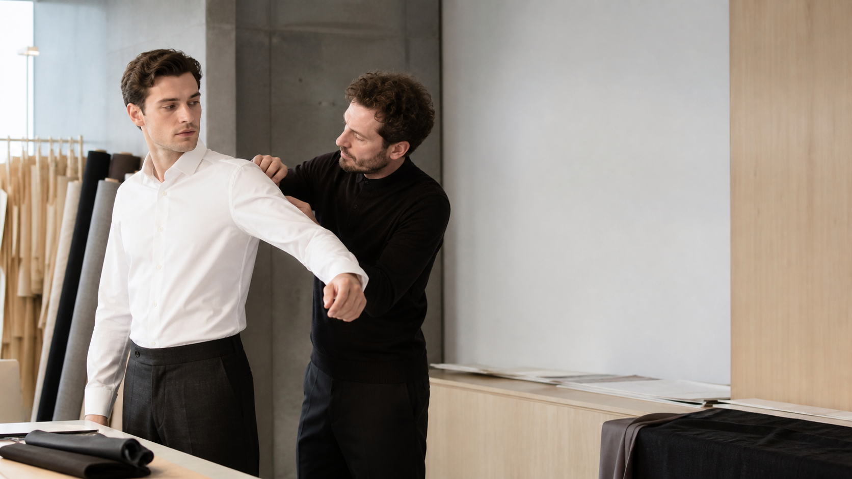 Designer fitting a dress shirt for greater range of motion
