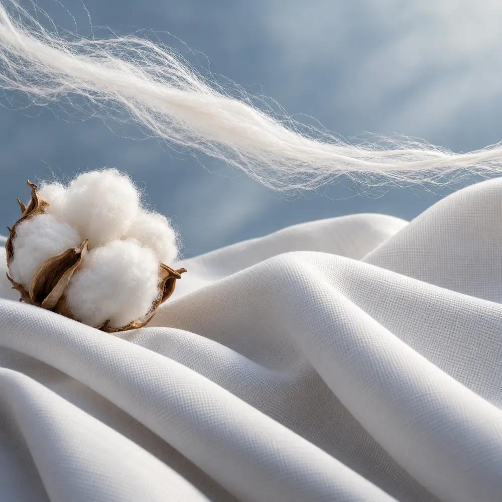 Conceptual illustration of a cotton boll, long fibers and soft white woven fabric
