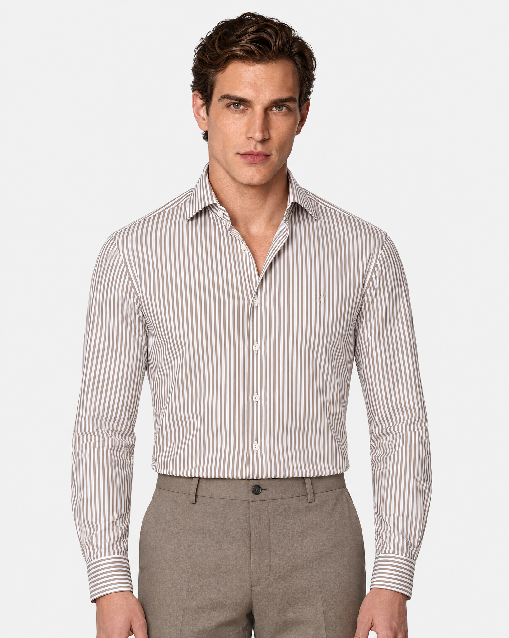 Prestige WarmTech Stretch Dress Shirt - Mocha Brown Stripe