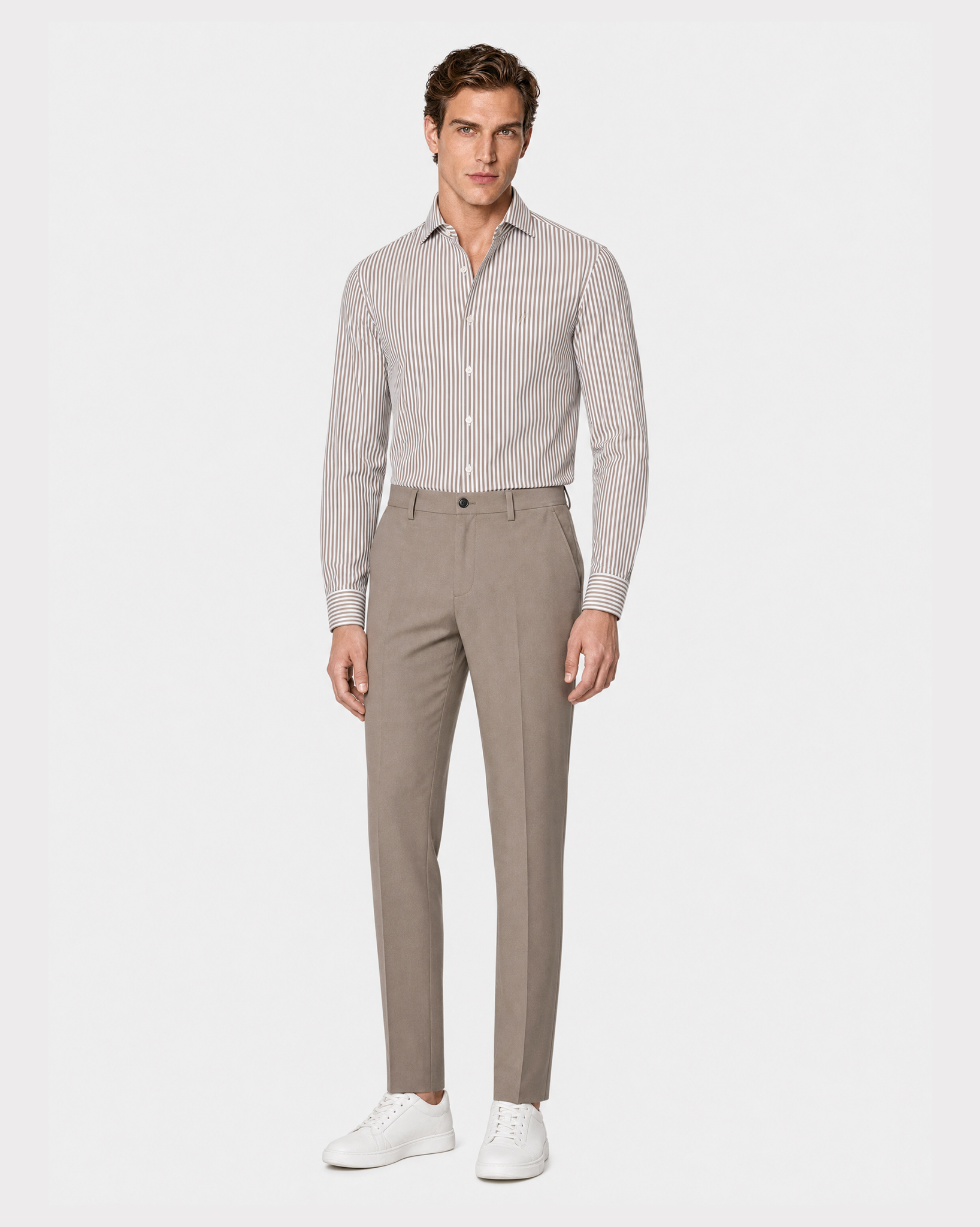 Prestige WarmTech Stretch Dress Shirt - Mocha Brown Stripe