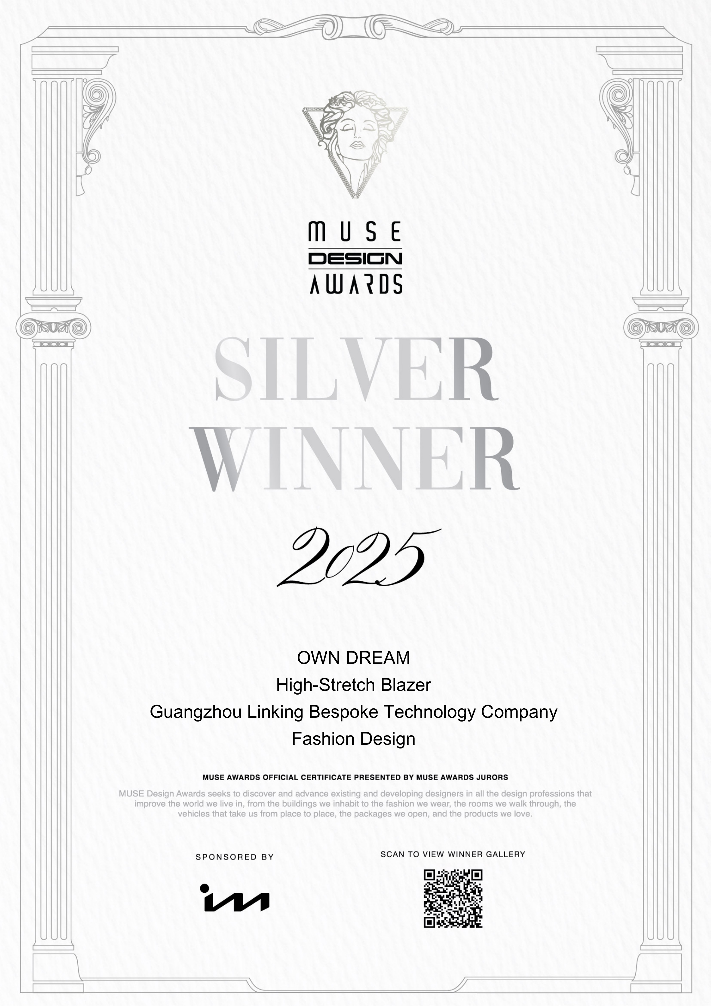 MUSE Design Awards Silver award for OWN DREAM High-Stretch Blazer
