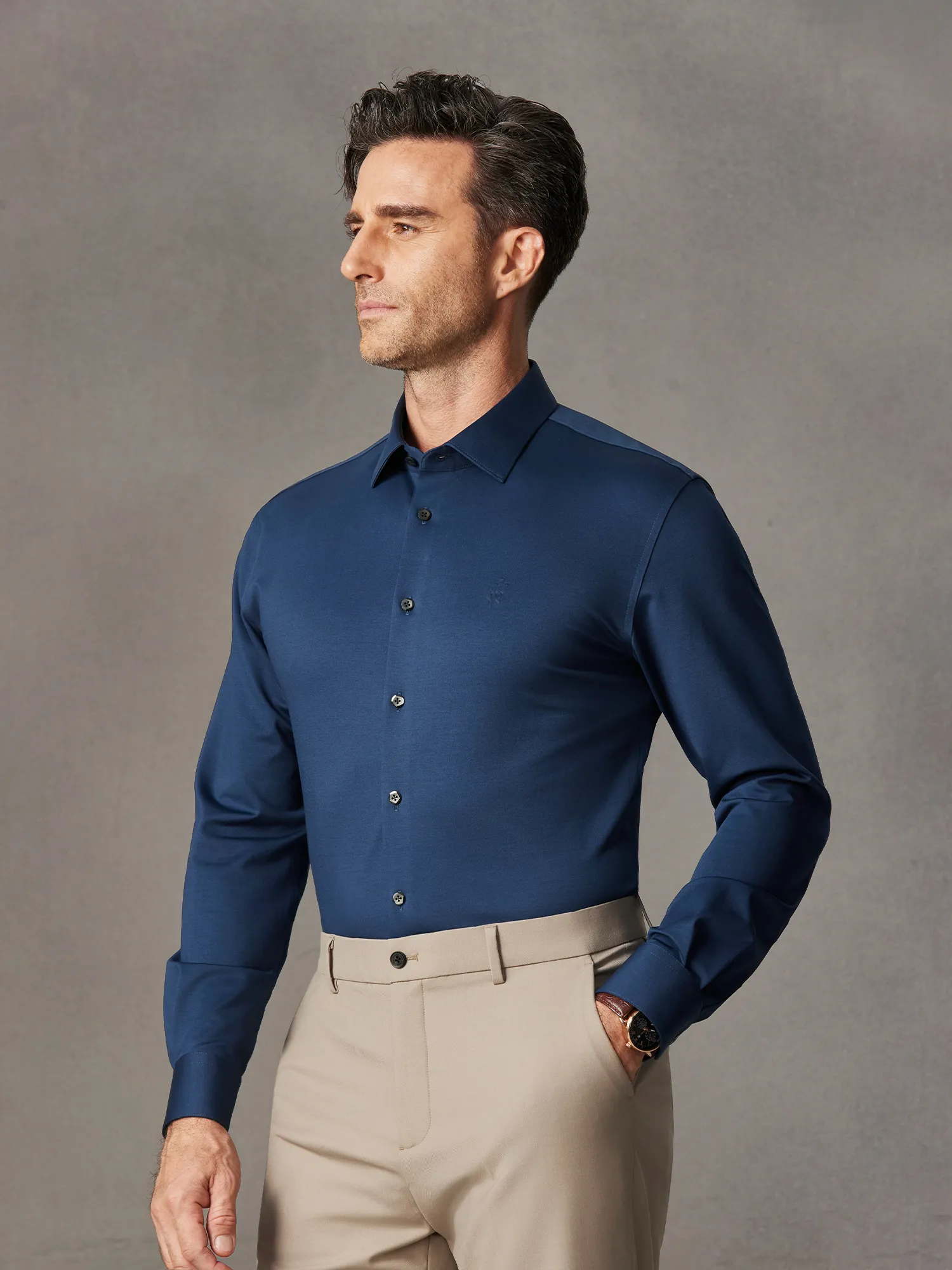 S50 Lustrous Dusk Blue Silk High-Stretch Shirt​