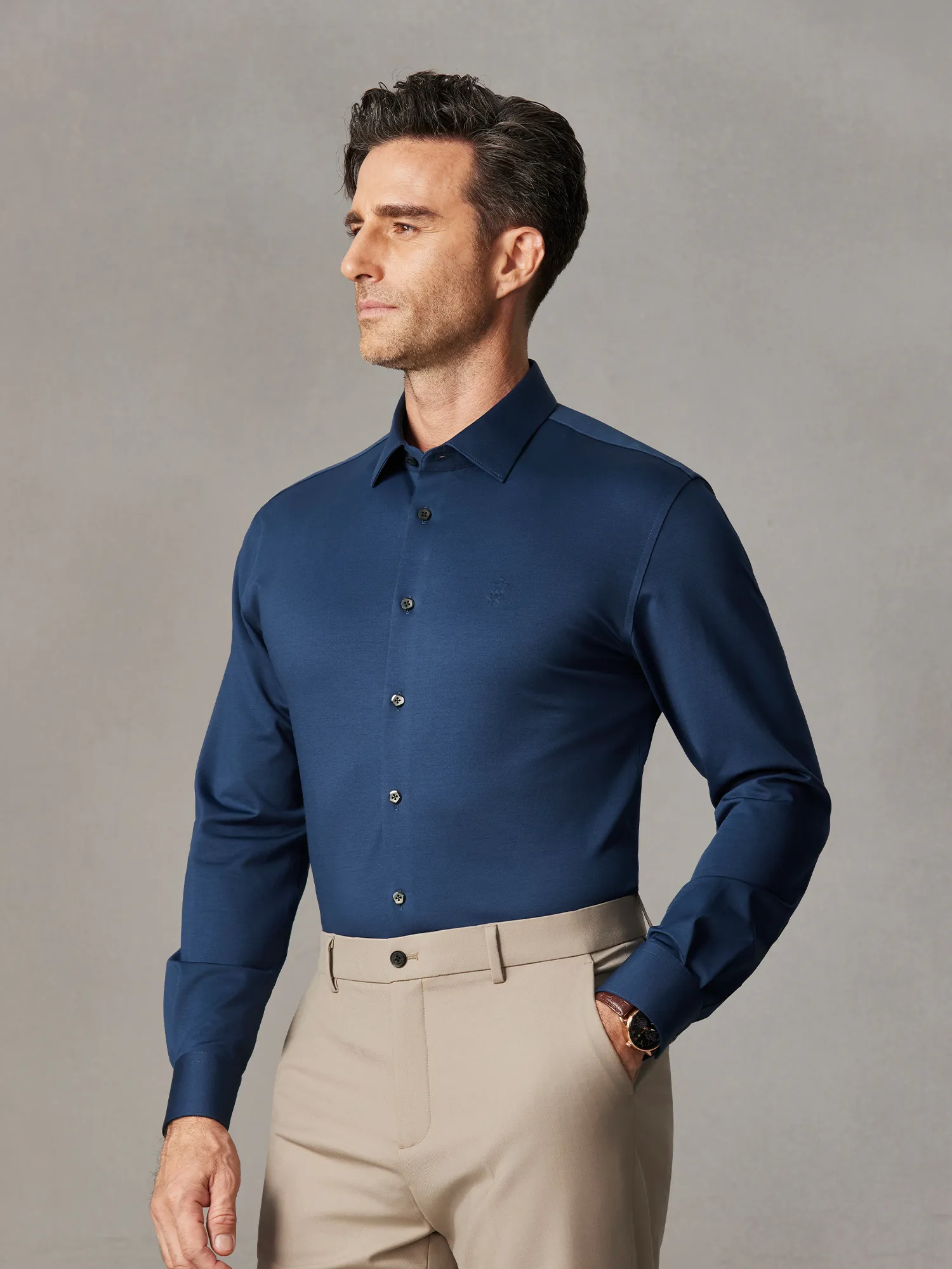 S50 Lustrous Dusk Blue Silk High-Stretch Shirt​