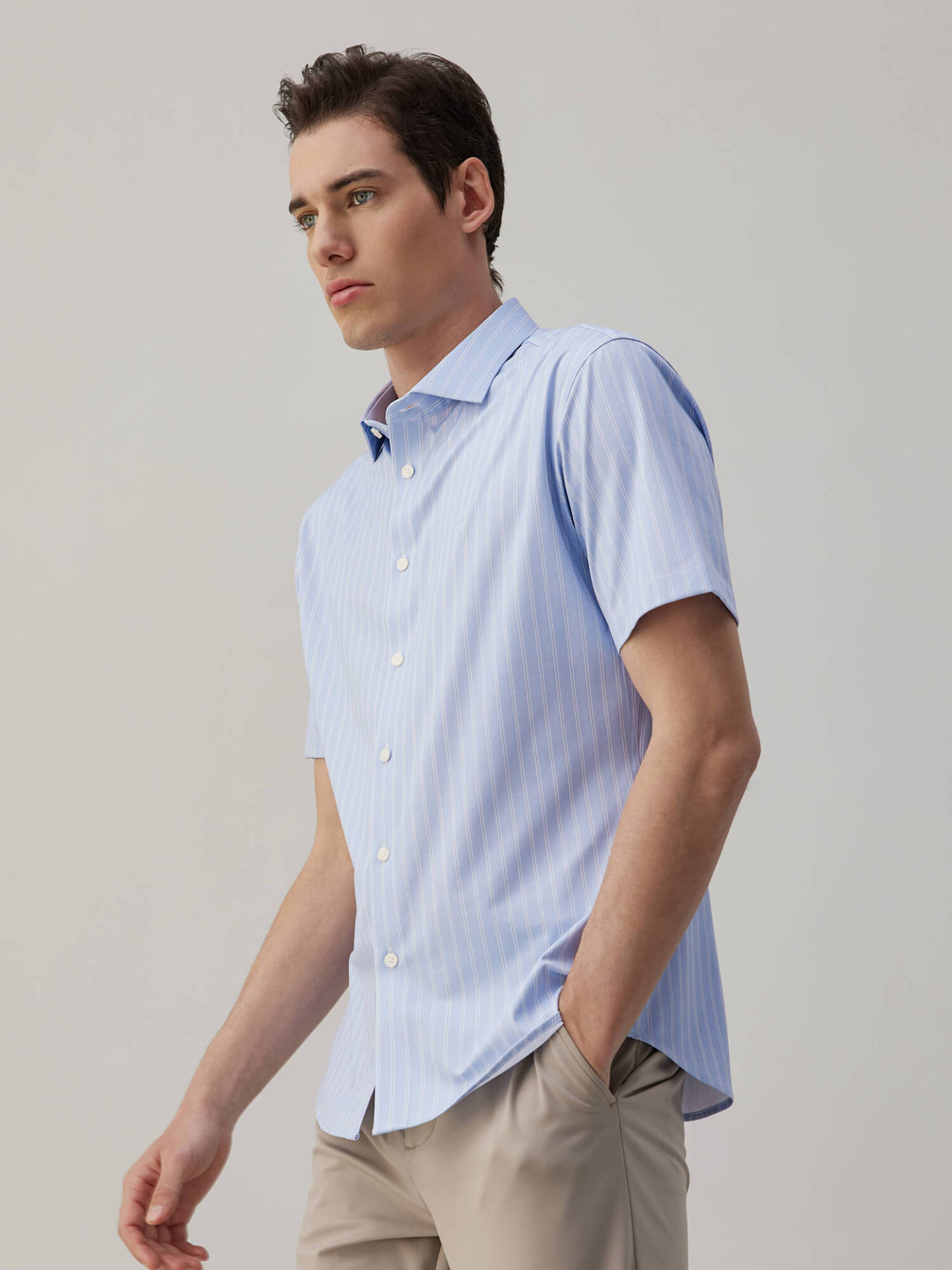 Blue Striped Silk Short-Sleeve Stretch Shirt