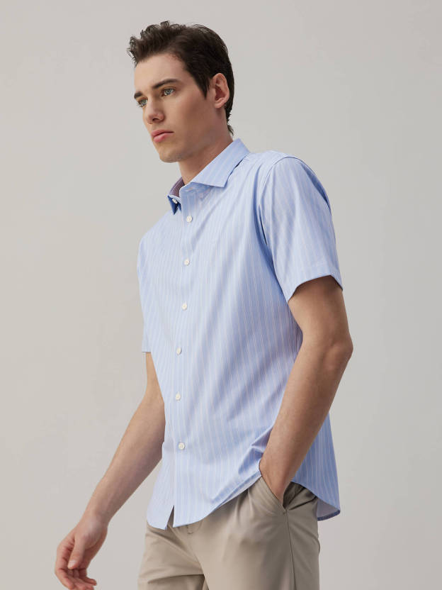 Blue Striped Silk Short-Sleeve Stretch Shirt