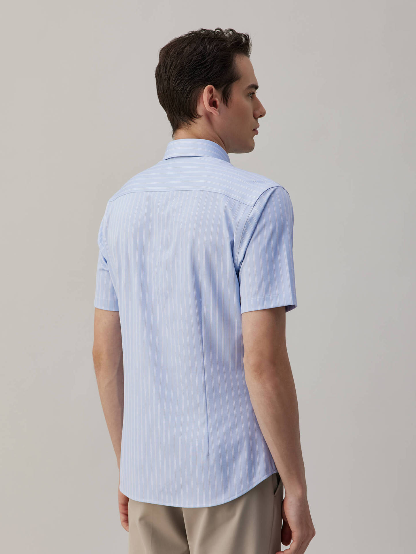 Blue Striped Silk Short-Sleeve Stretch Shirt