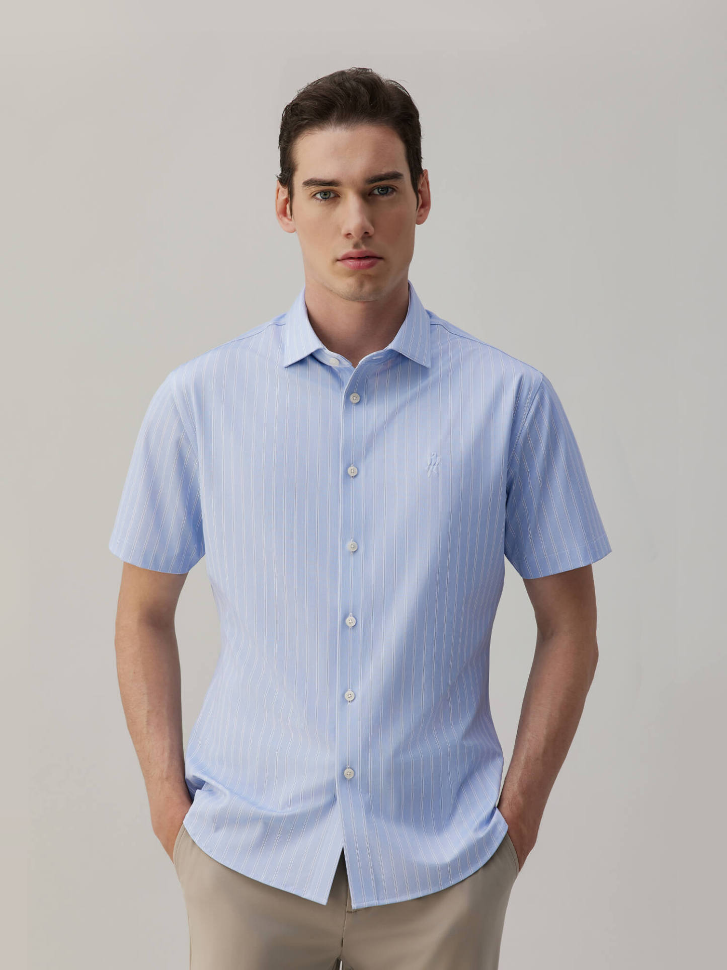 Blue Striped Silk Short-Sleeve Stretch Shirt