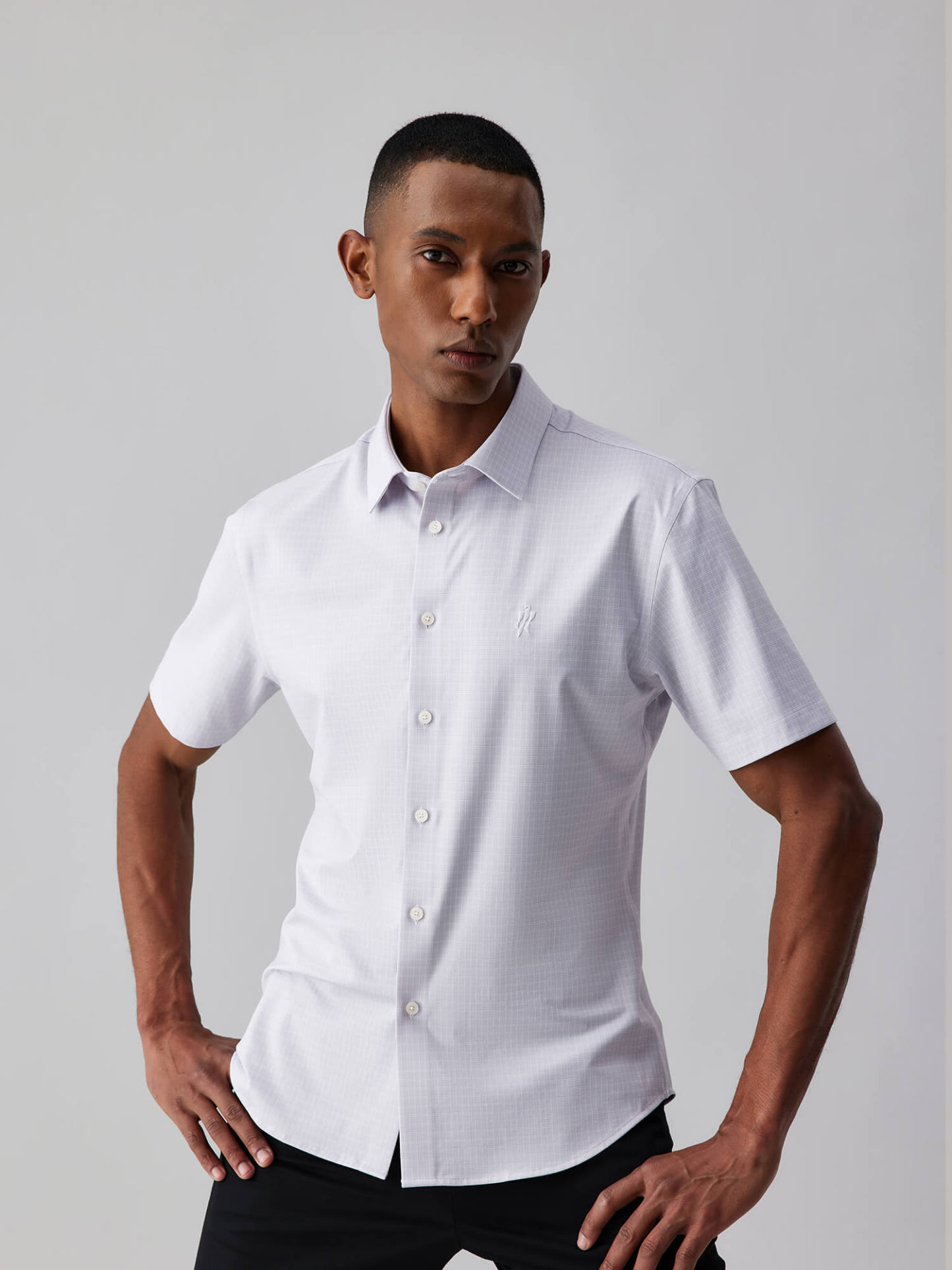 Heather Gray Plaid Silk Short-Sleeve Stretch Shirt