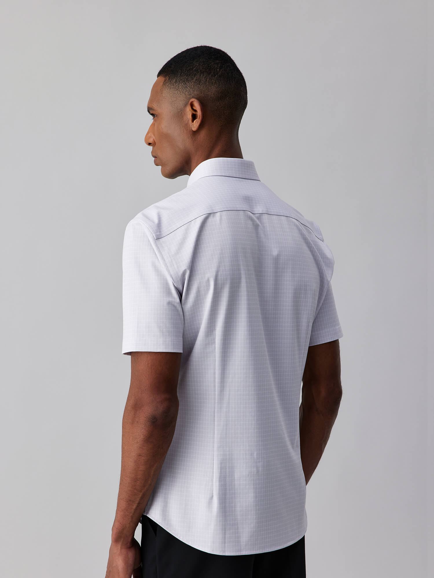 Heather Gray Plaid Silk Short-Sleeve Stretch Shirt
