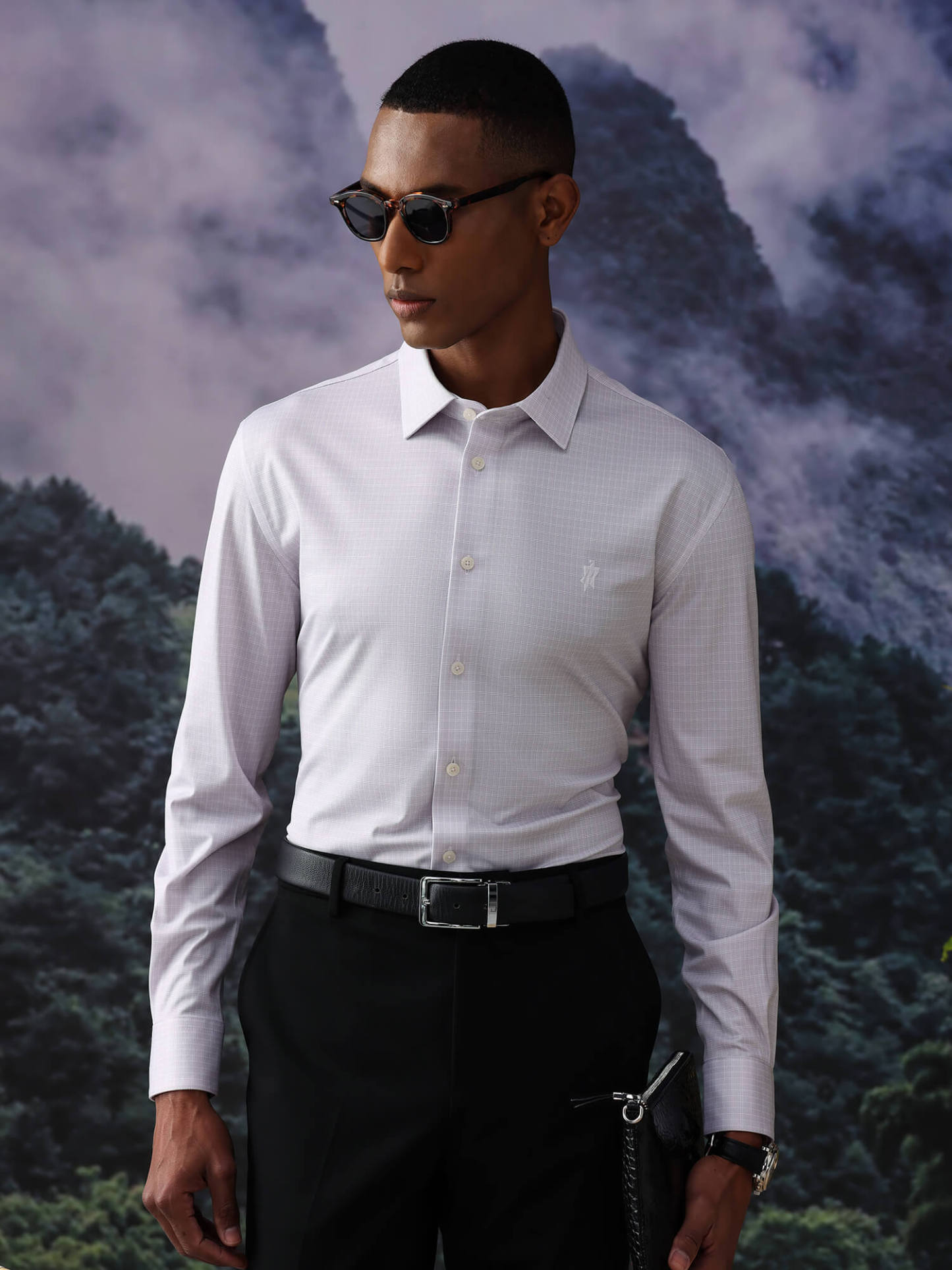 Heather Gray Plaid Silk High-Stretch Shirt