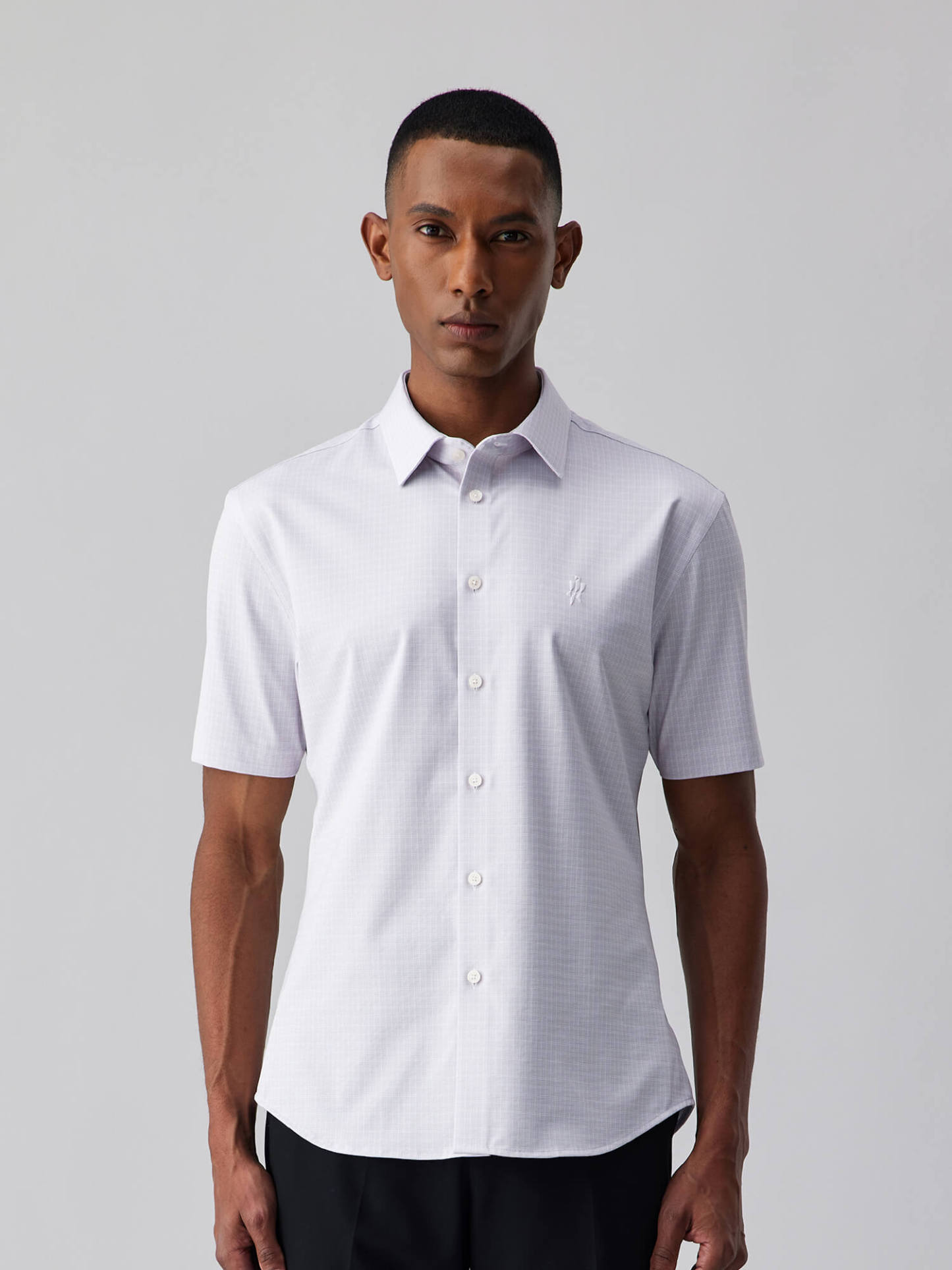 Heather Gray Plaid Silk Short-Sleeve Stretch Shirt