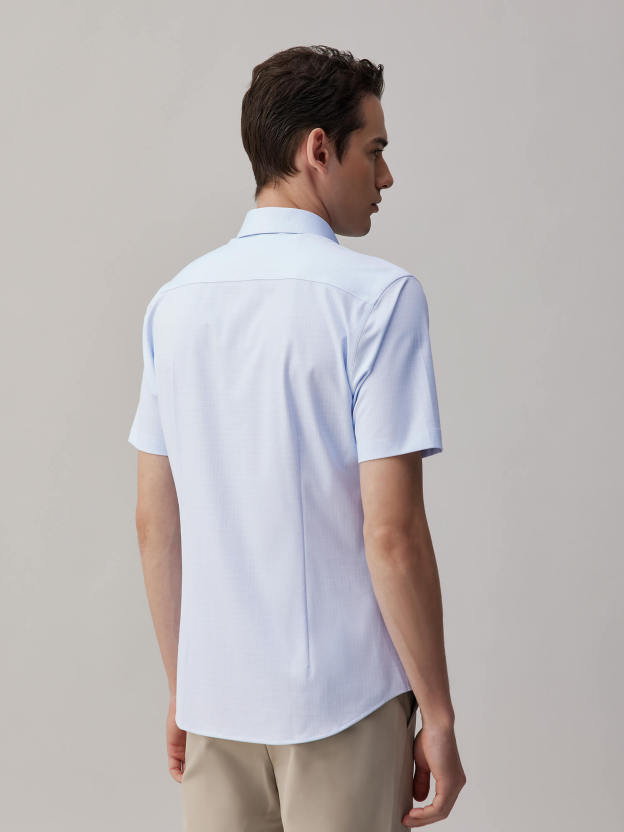 Mist Blue Check Silk Short-Sleeve Stretch Shirt