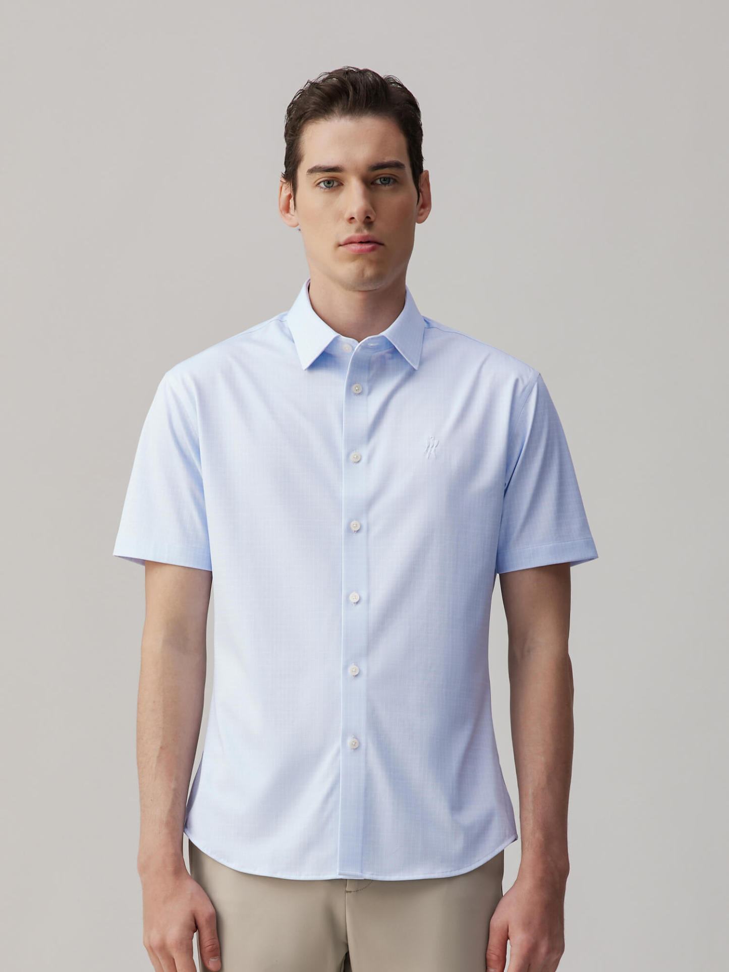 Mist Blue Check Silk Short-Sleeve Stretch Shirt