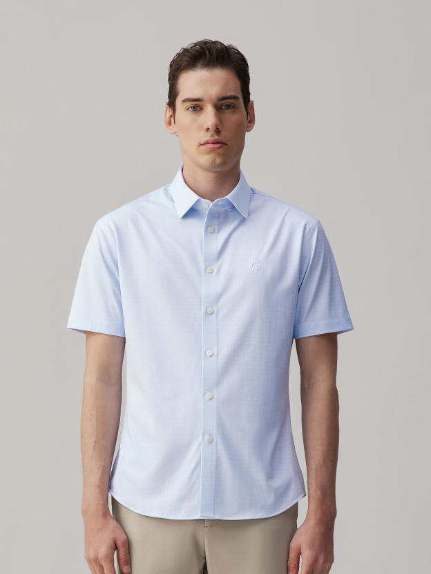 Mist Blue Check Silk Short-Sleeve Stretch Shirt